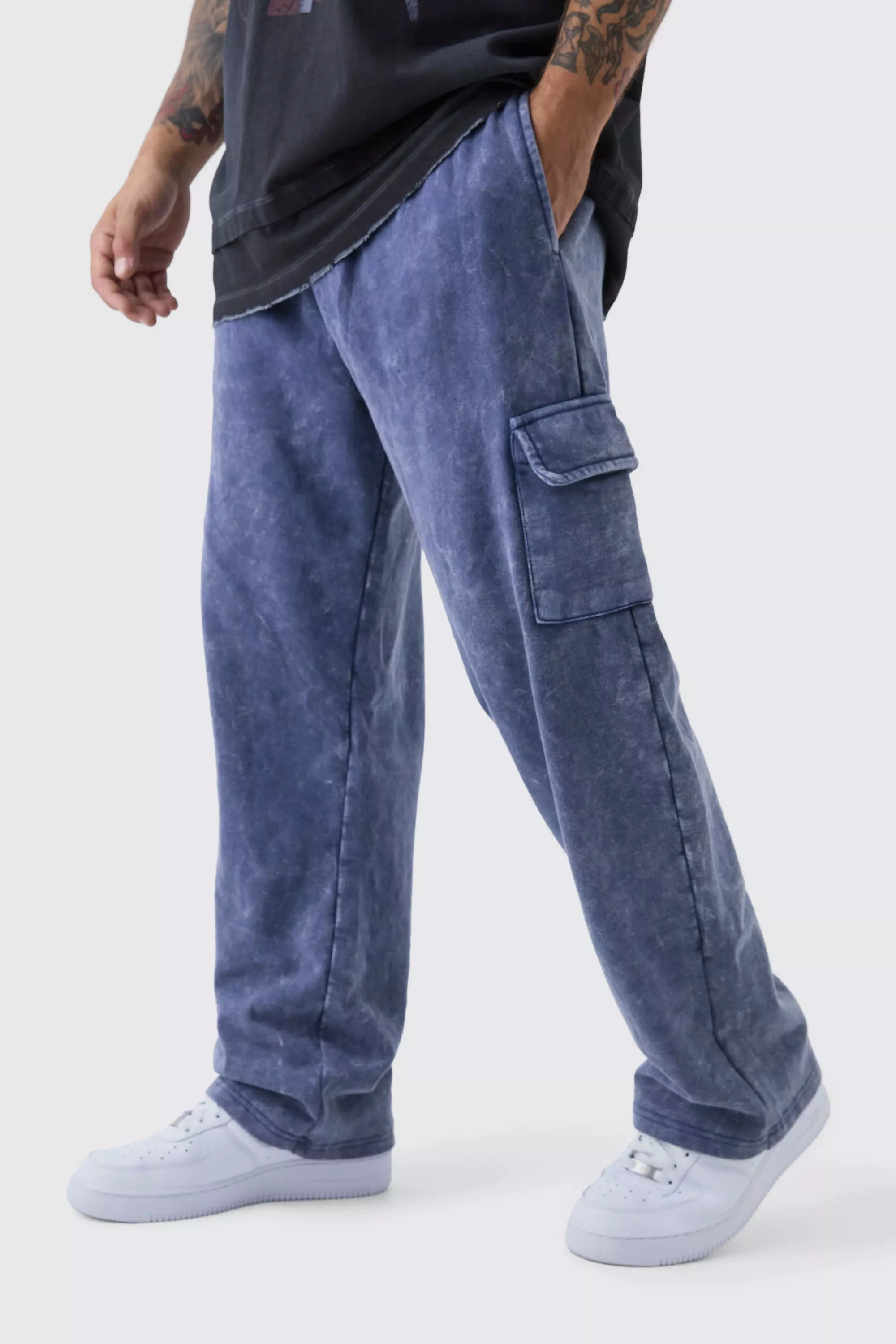 Straight Leg Raw Hem Cargo Loopback Sweatpants Blue