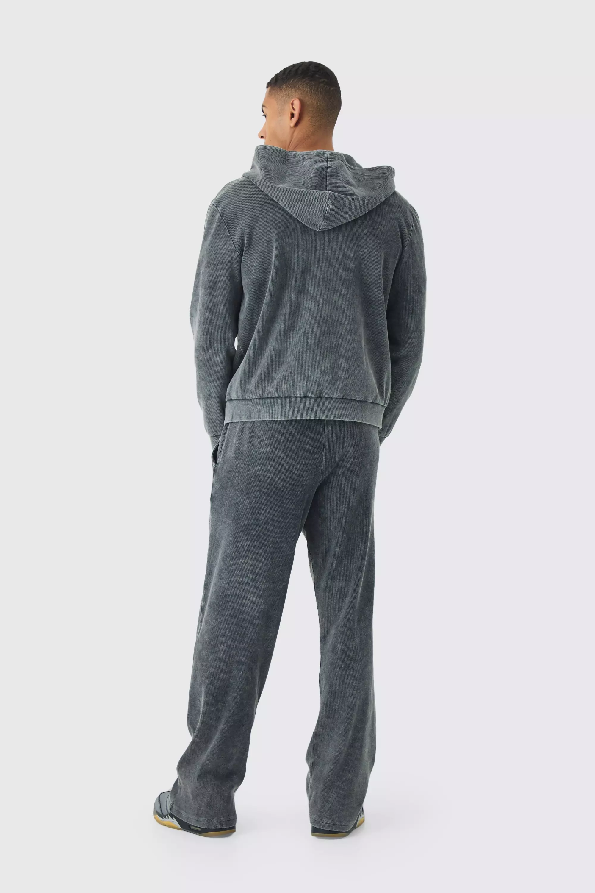 Washed Rib Man Embroidered Zip Through Hoodie | boohooMAN USA