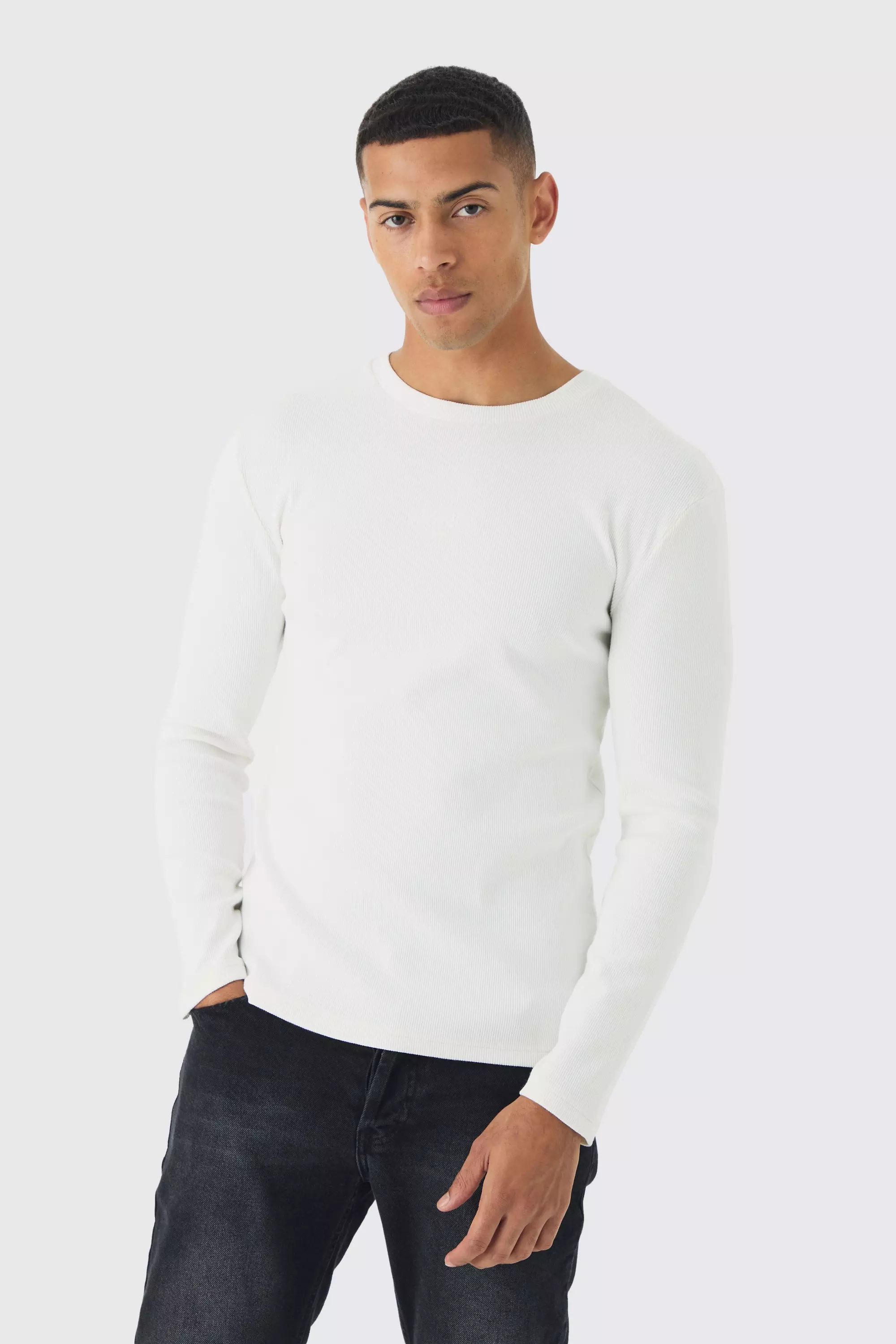 Muscle Fit Washed Rib Long Sleeve Man Embroidered T-shirt Ecru