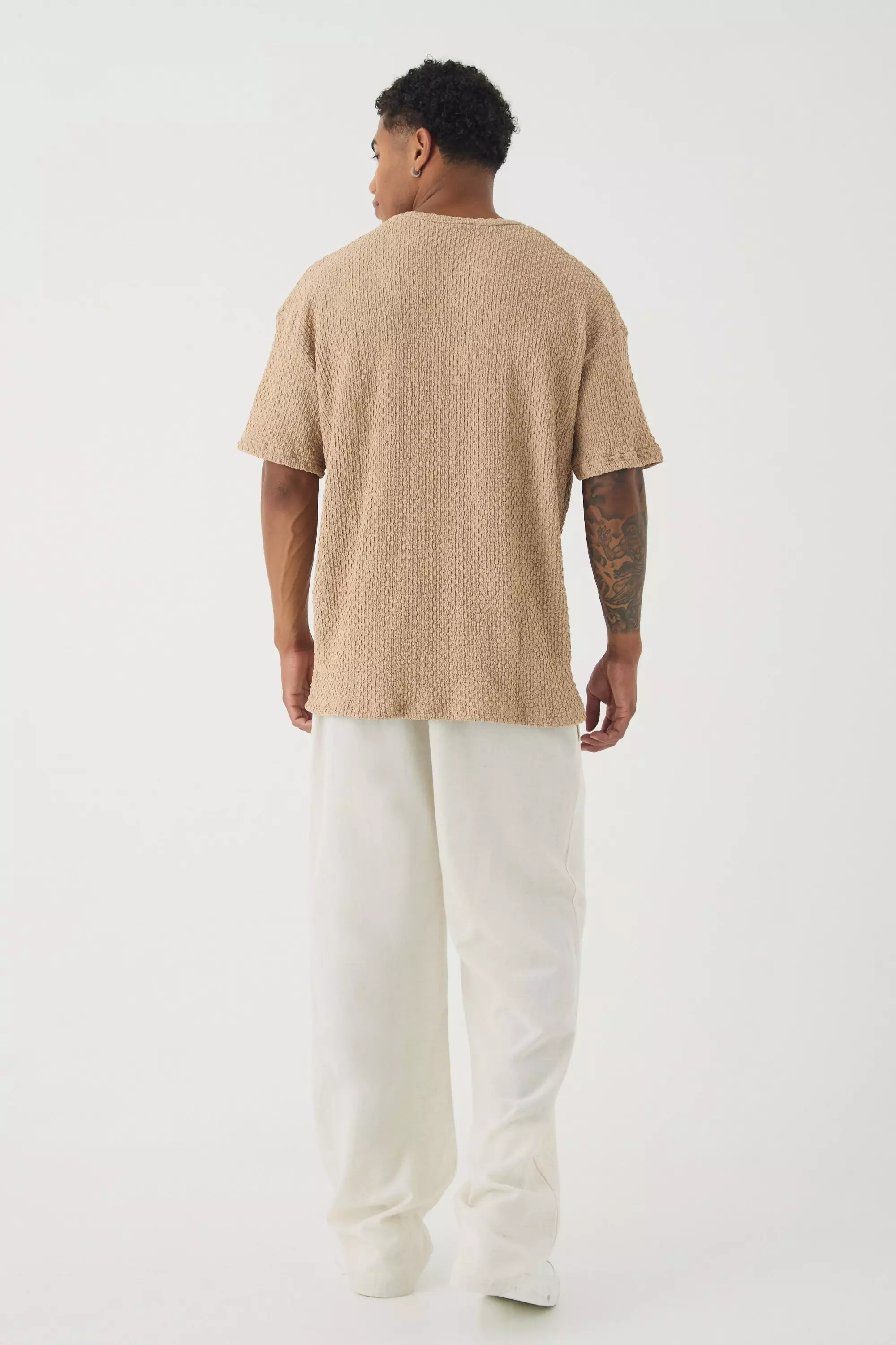 Taupe Oversized Premium Jacquard V Neck T-shirt alternative image