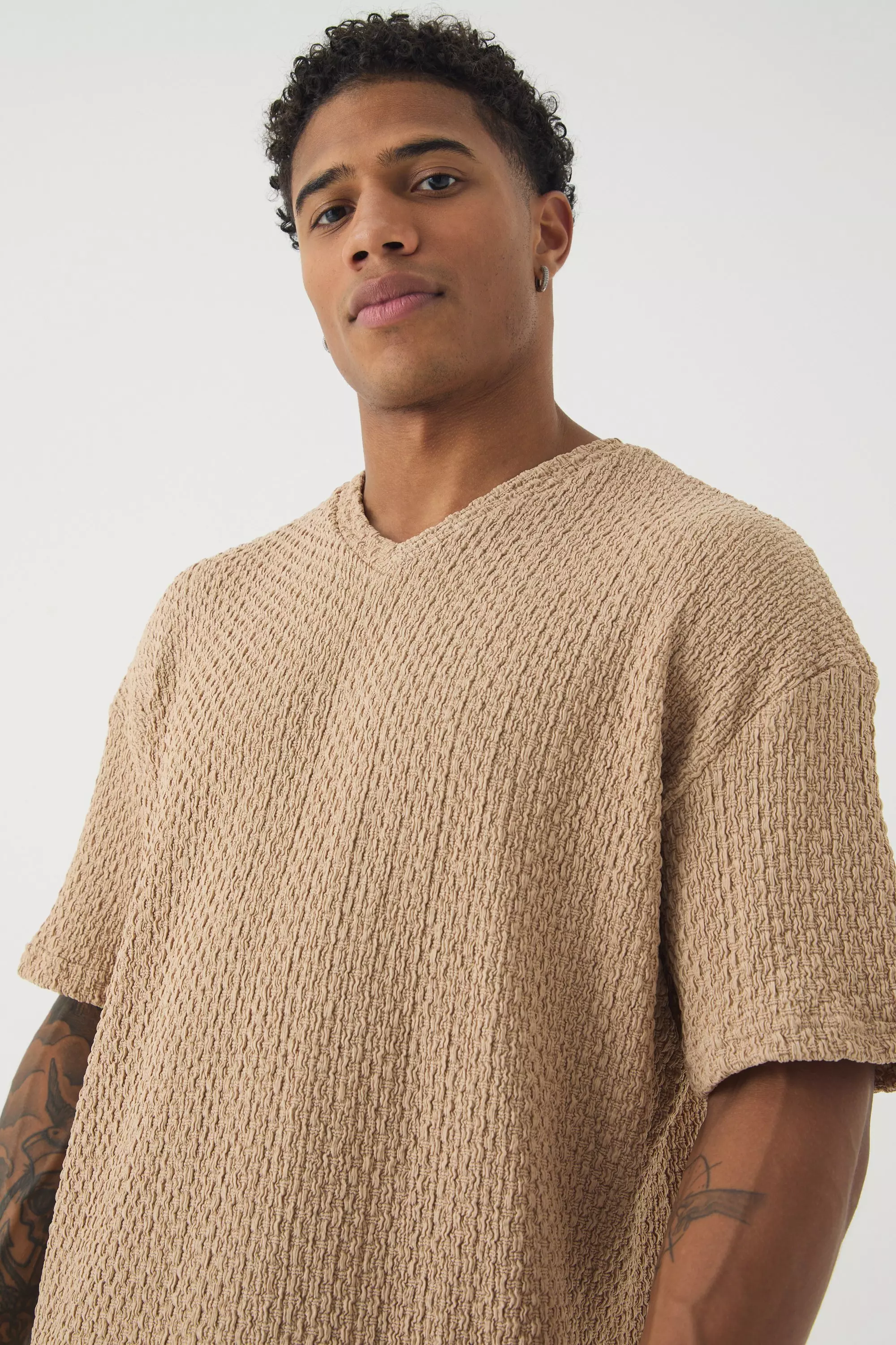 Taupe Oversized Premium Jacquard V Neck T-shirt alternative image