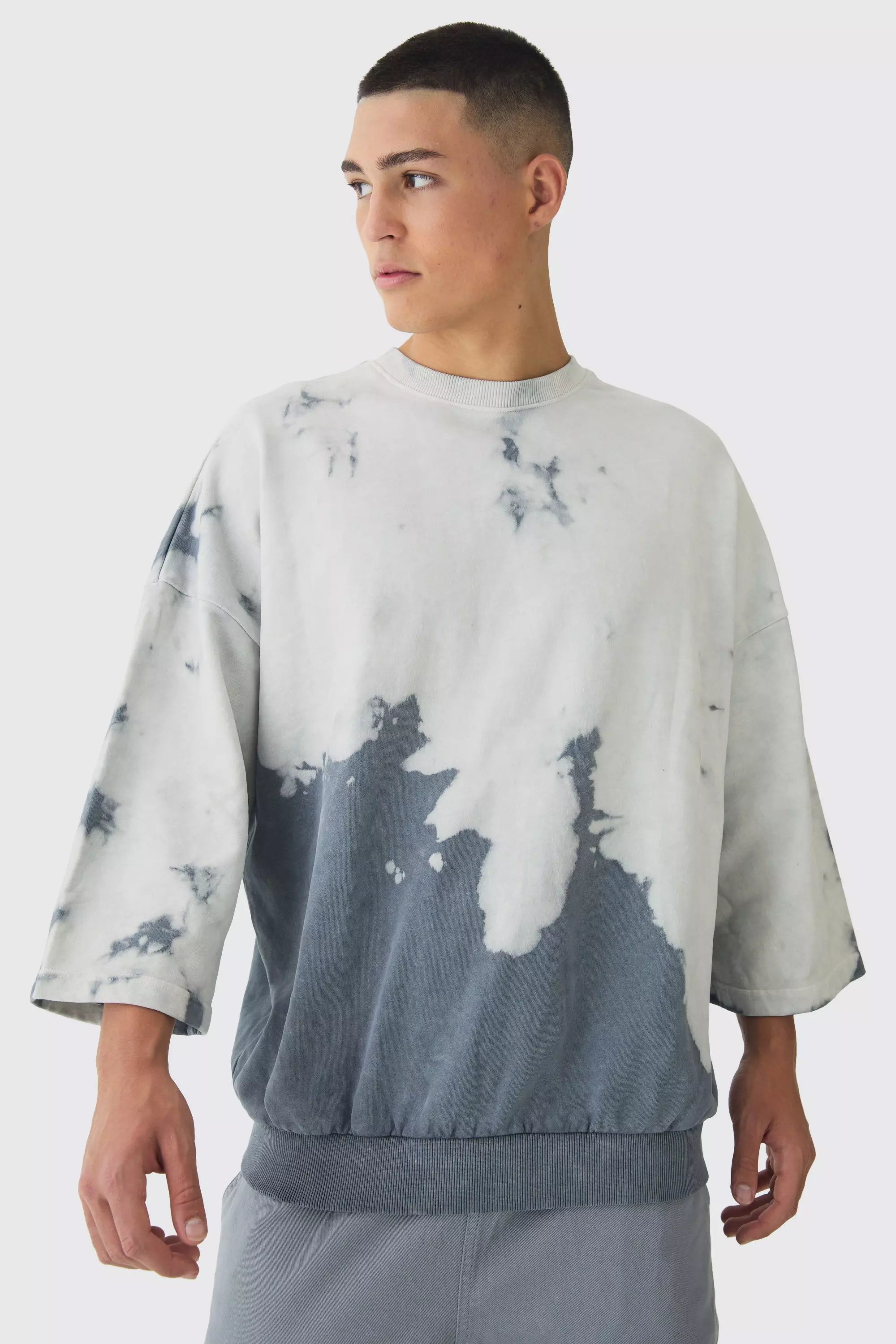 Oversized Bleach Dye Half Sleeve Loopback Sweatshirt Grey