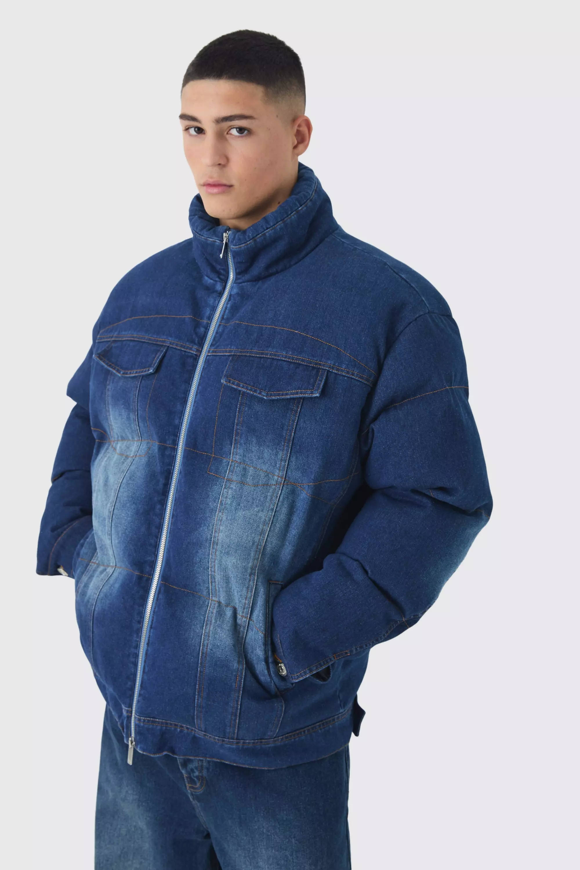 Boxy Oversized Funnel Neck Denim Puffer Jacket Indigo