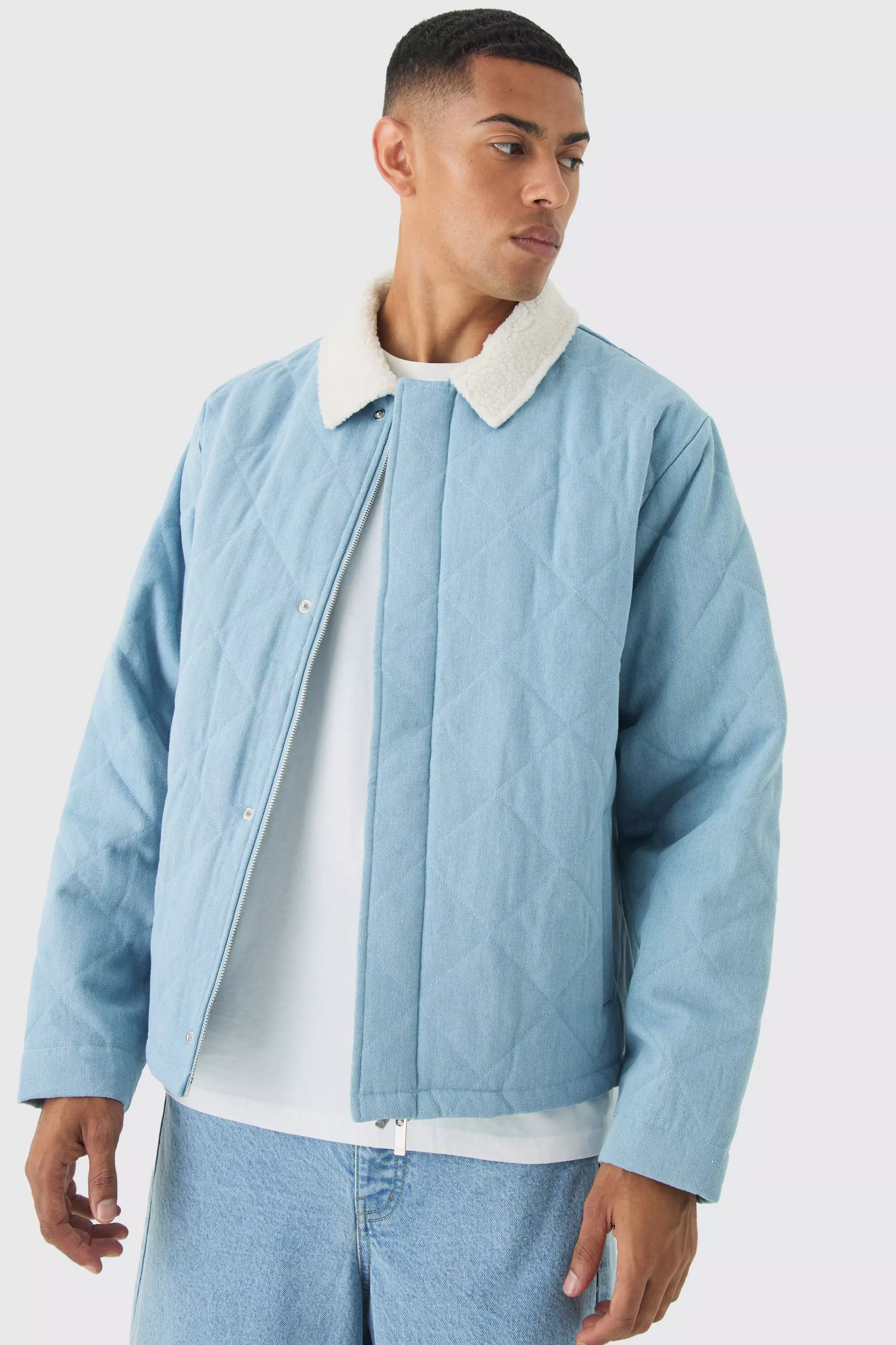 Oversized Quilted Jean Jacket With Borg Collar Light blue