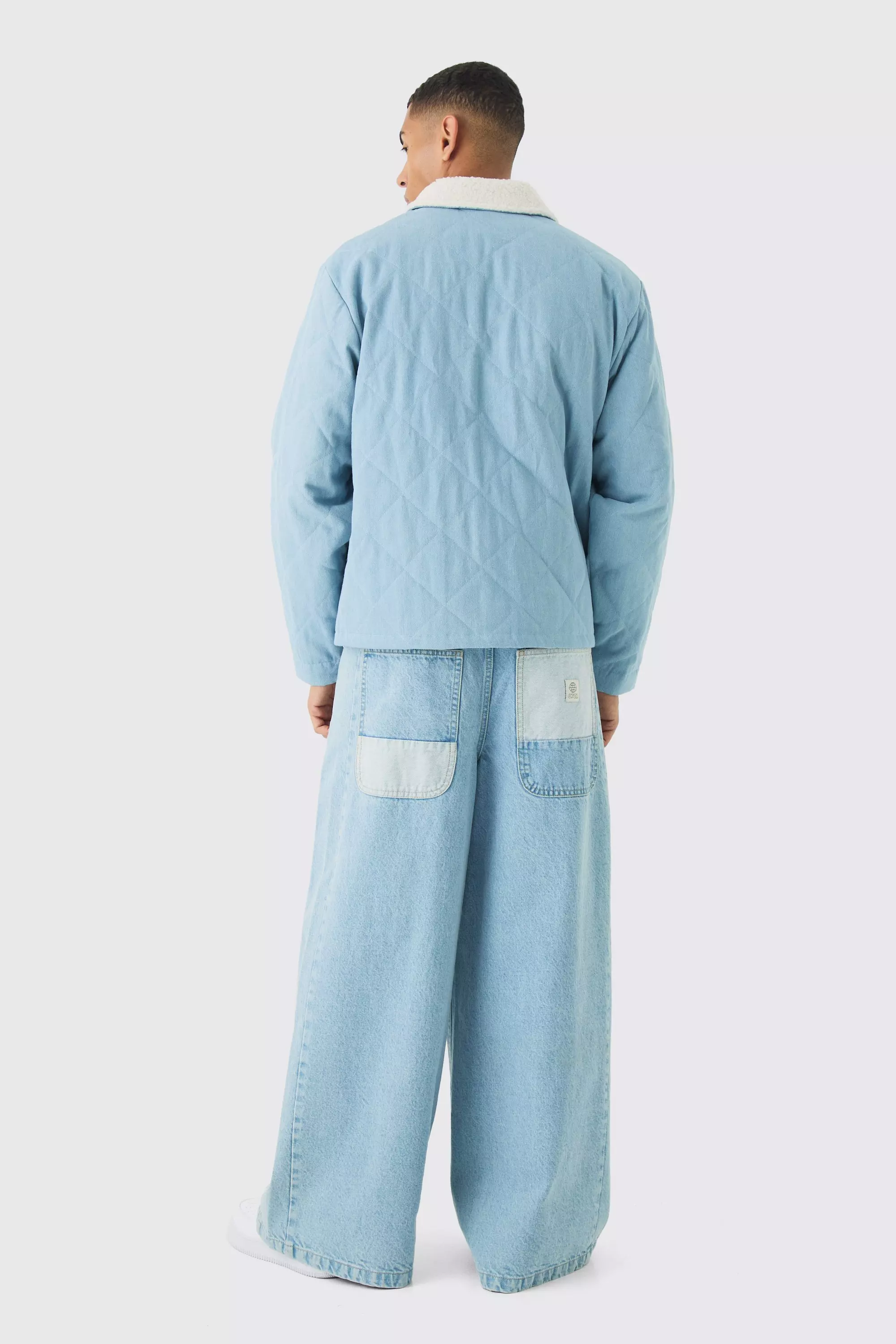 Light blue Oversized Quilted Denim Jacket With Borg Collar alternative image