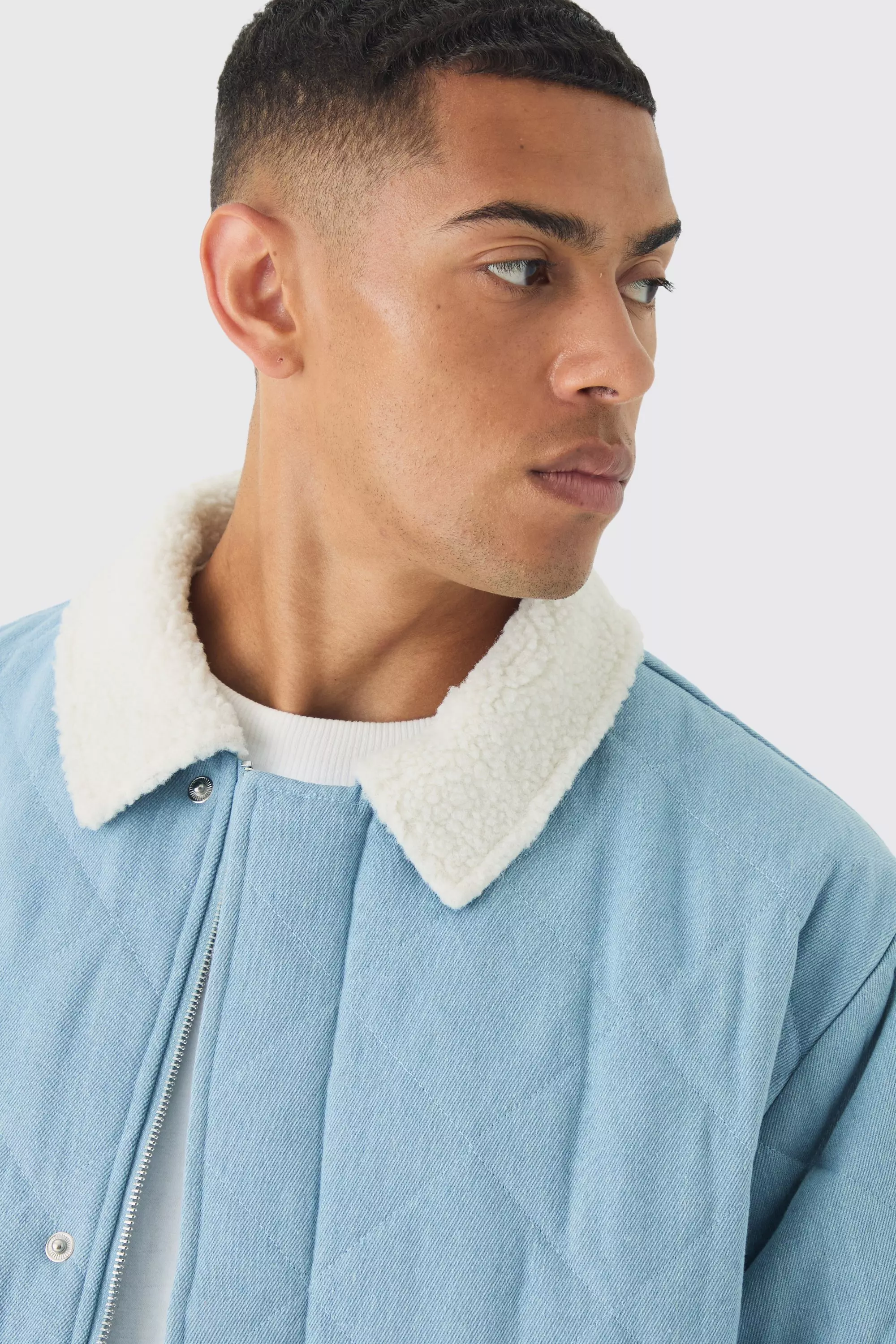 Light blue Oversized Quilted Denim Jacket With Borg Collar alternative image