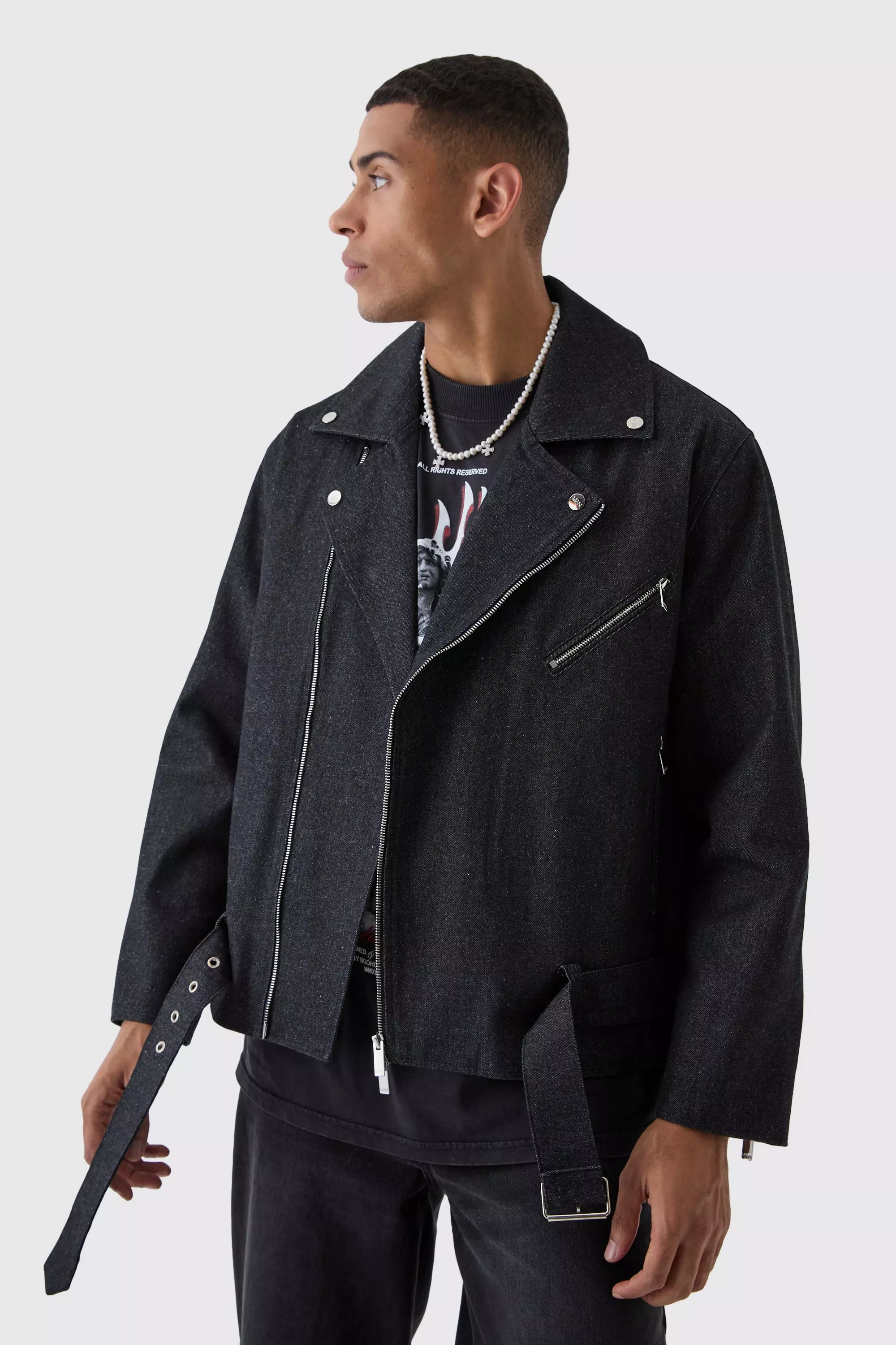 Washed black Oversized Denim Biker Jacket alternative image