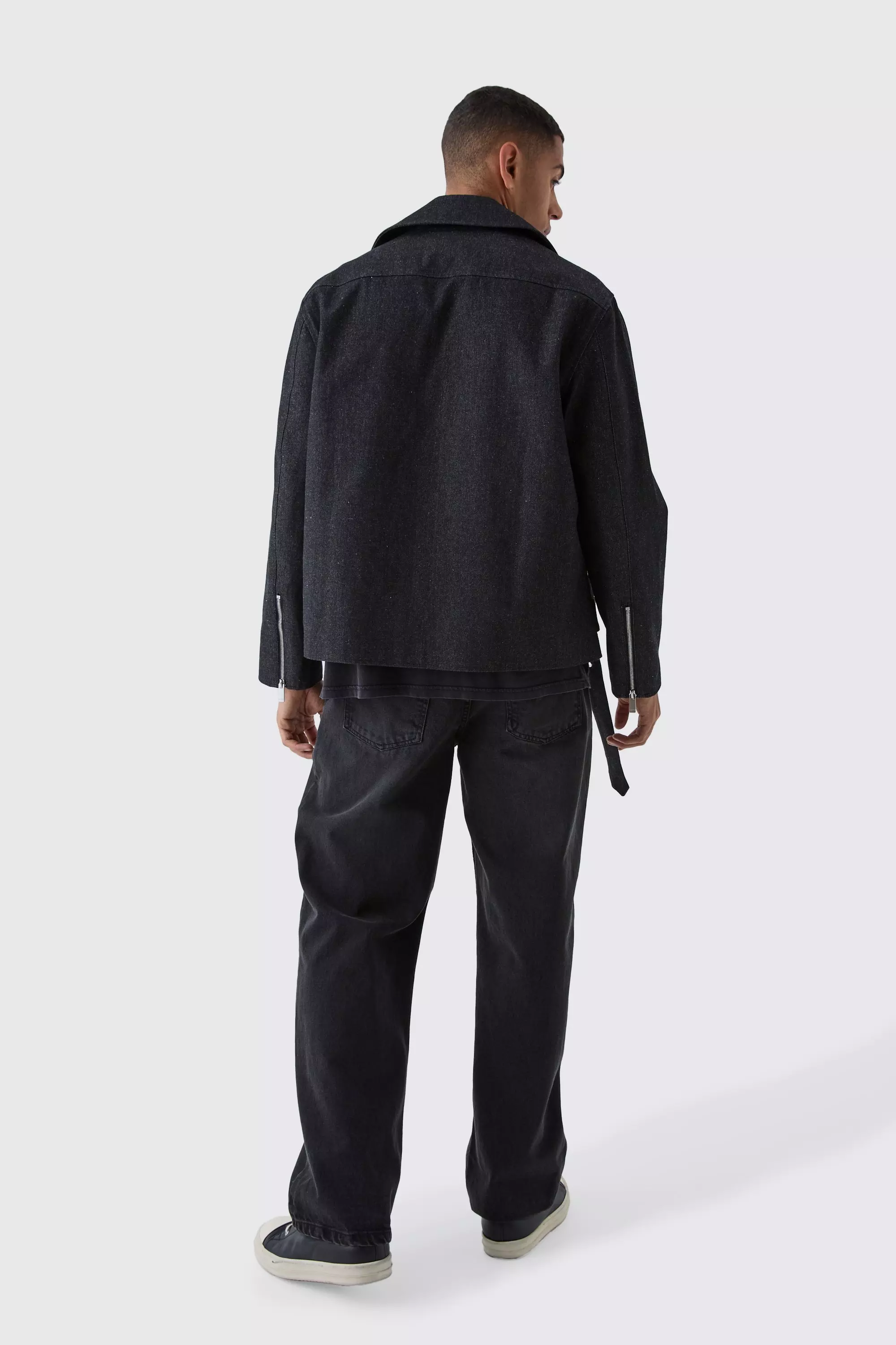 Washed black Oversized Denim Biker Jacket alternative image