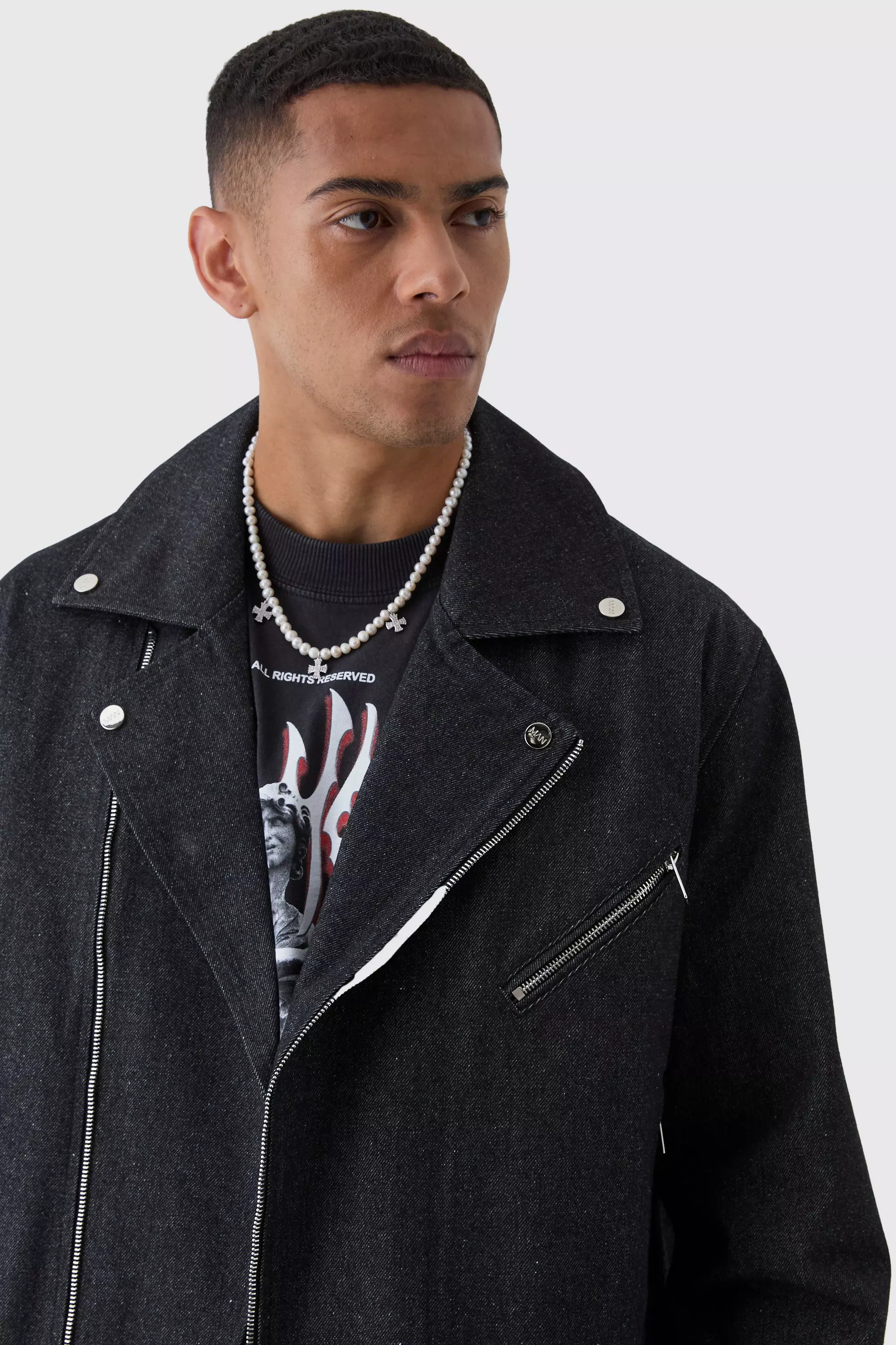 Washed black Oversized Denim Biker Jacket alternative image
