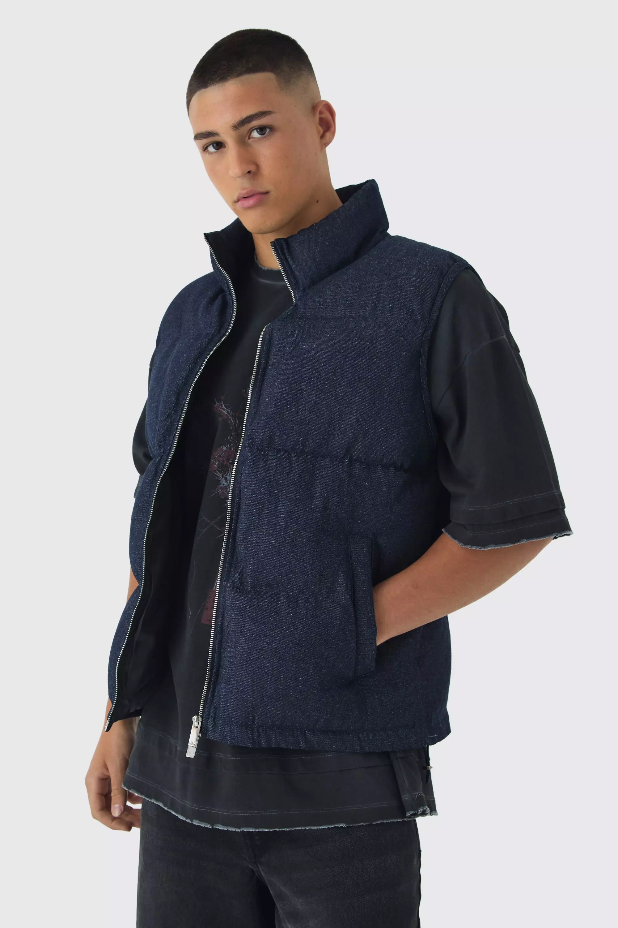 Funnel Neck Denim Puffer Panelled Indigo Vest Indigo