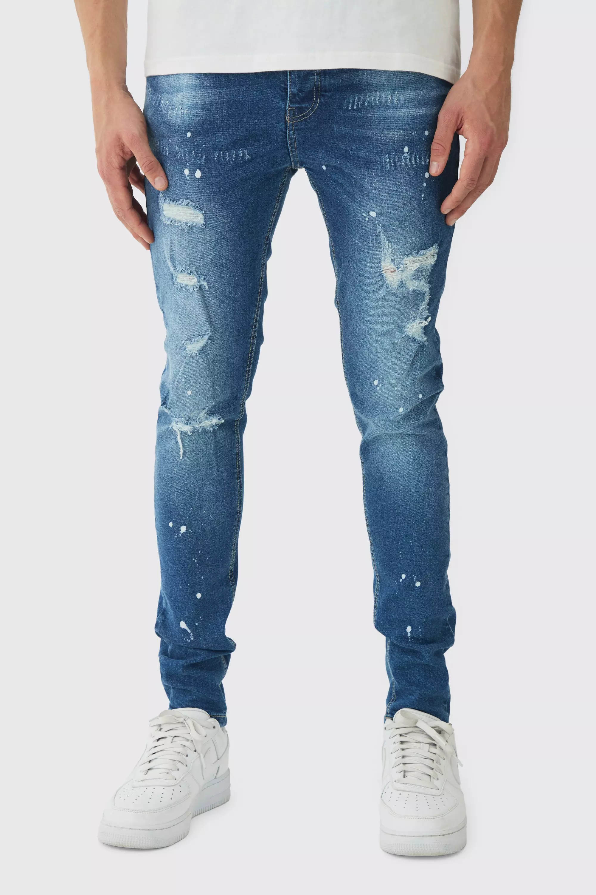 Blue Skinny Stretch Rip & Repair Paint Splatter Jeans