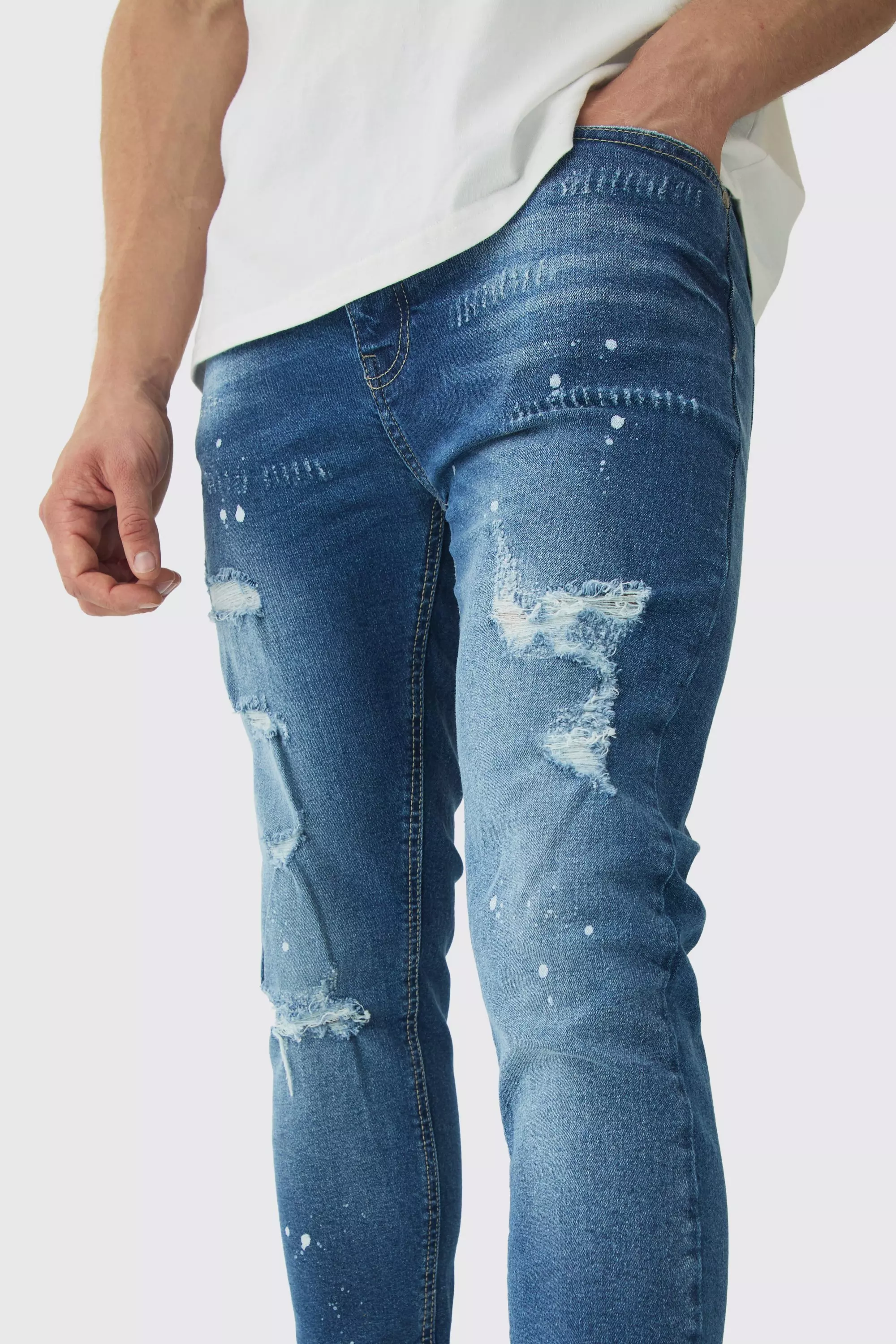 Mid blue Skinny Stretch Rip & Repair Paint Splatter Jeans alternative image