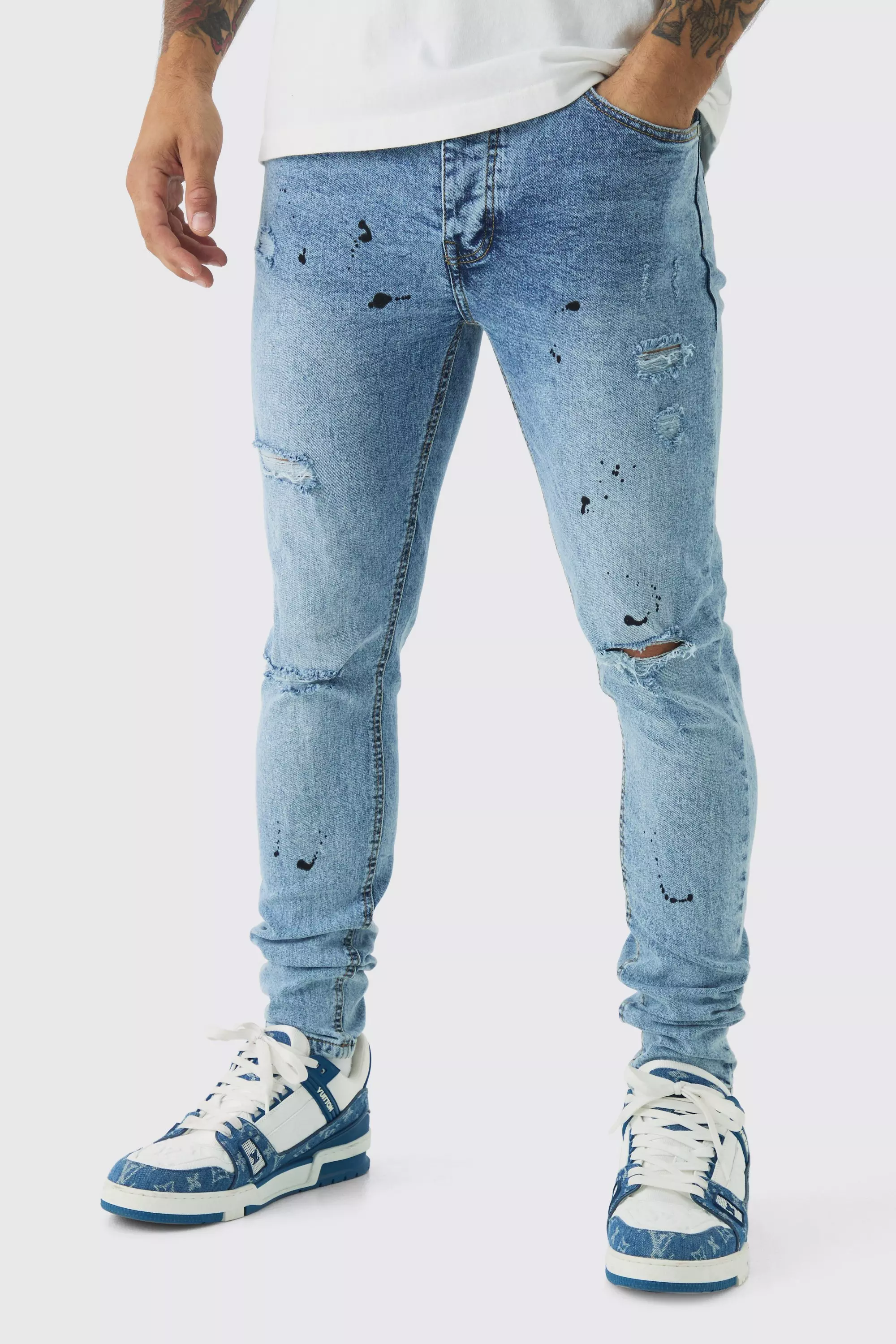 Blue Skinny Stretch Rip & Repair Paint Splatter Jeans