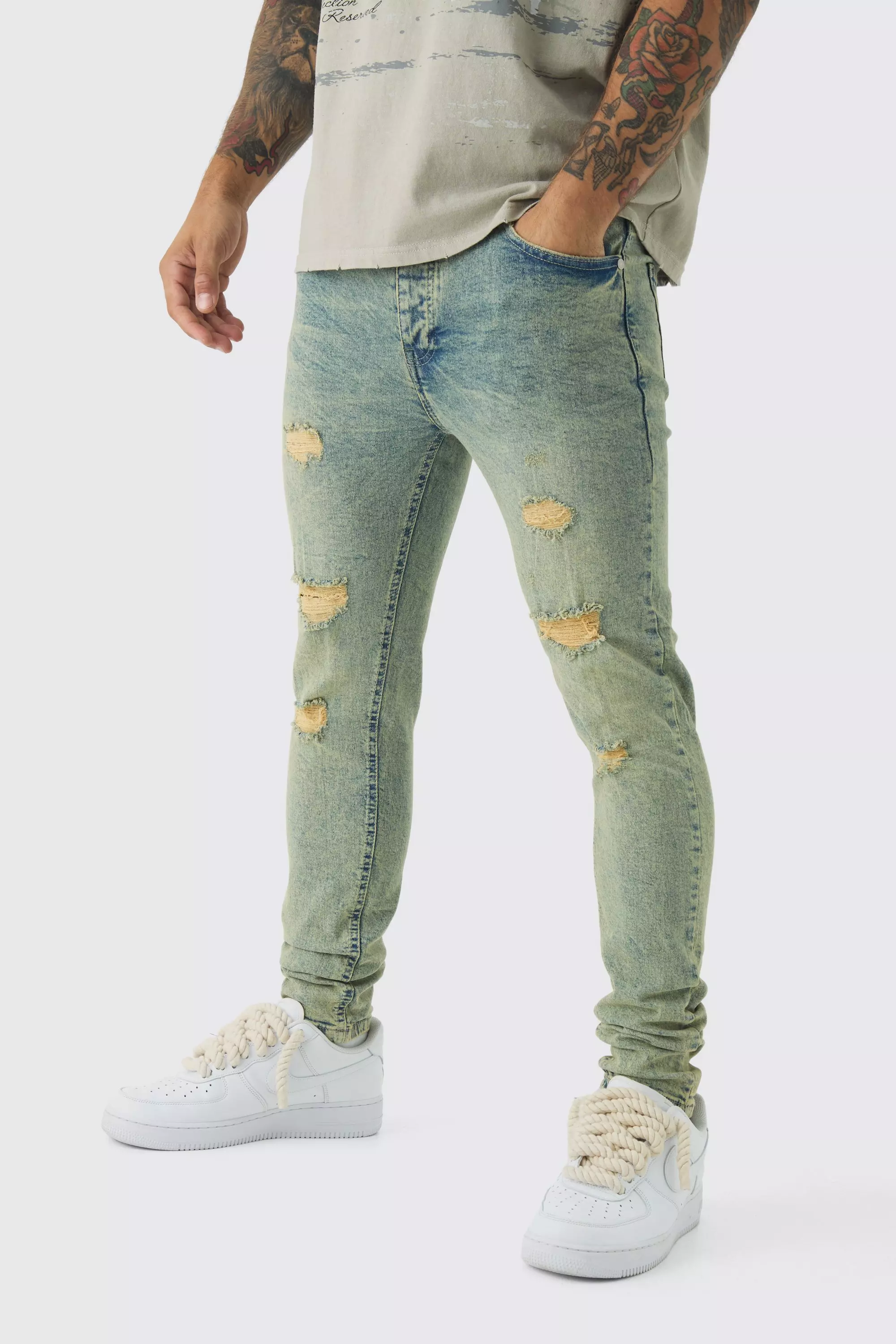 Blue Skinny Stretch Rip & Repair Dirty Wash Jeans