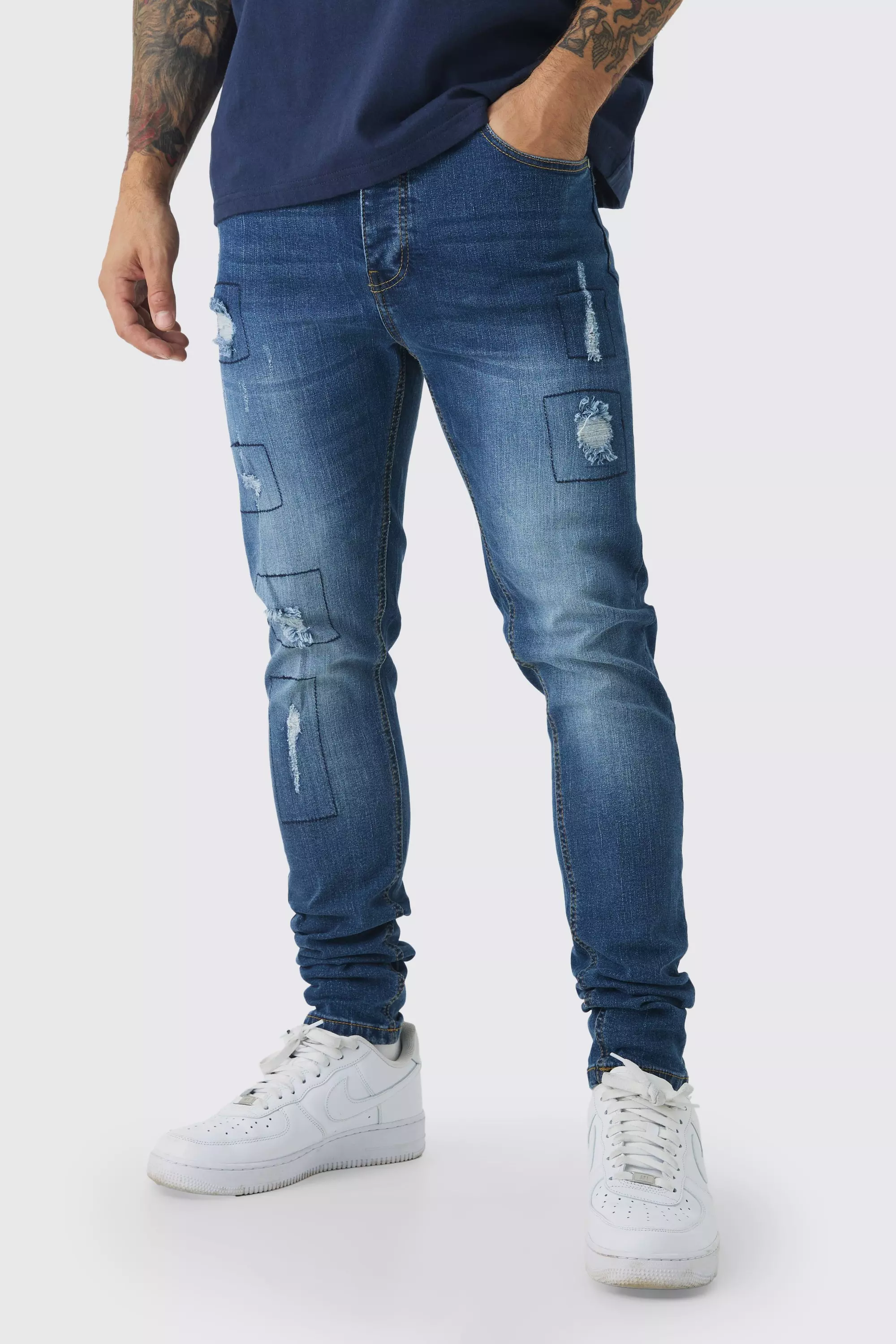 Blue Skinny Stretch Rip & Repair Patchwork Jeans