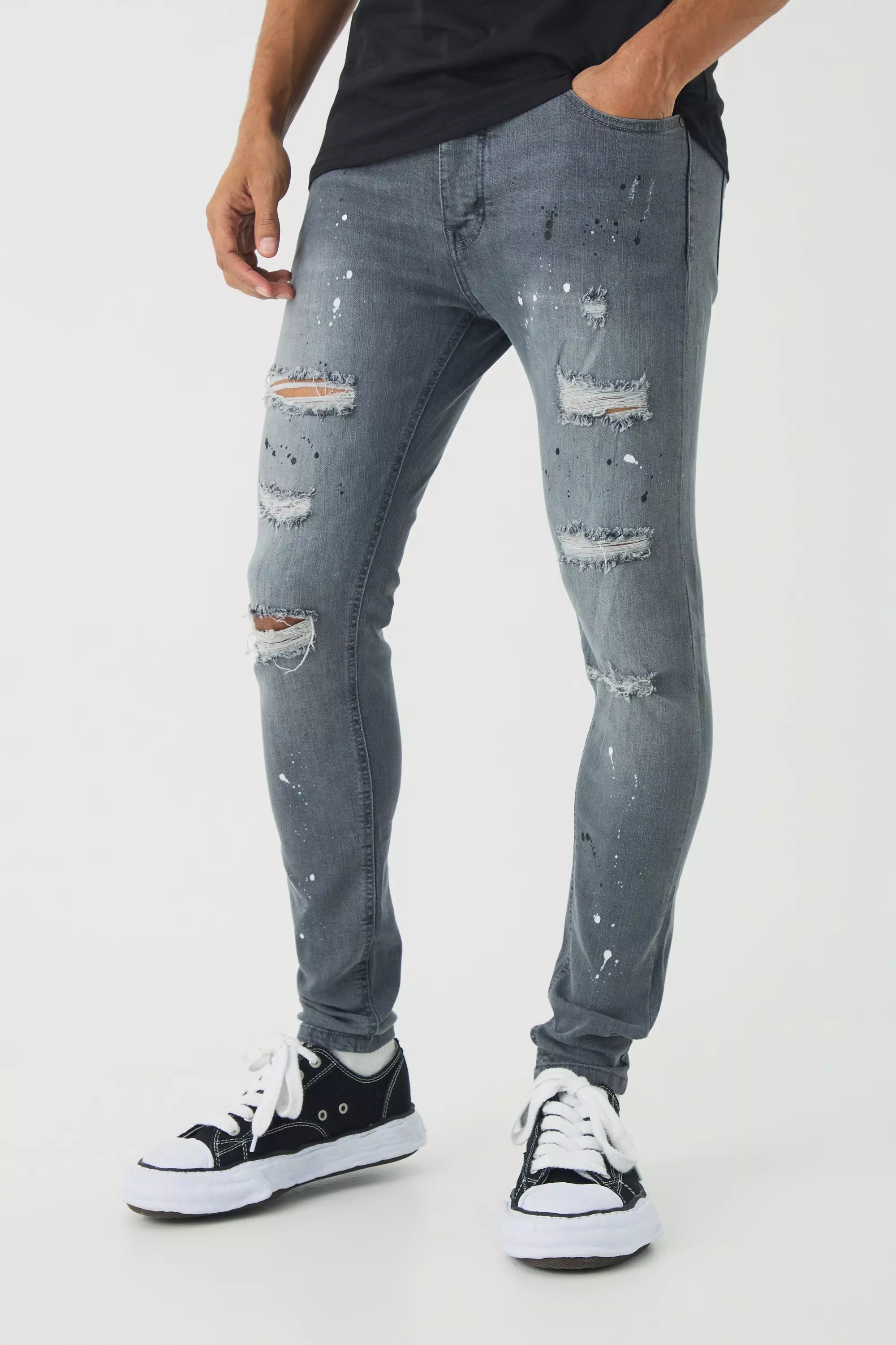 Light-grey Grey Skinny Stretch Rip & Repair Paint Splatter Jeans