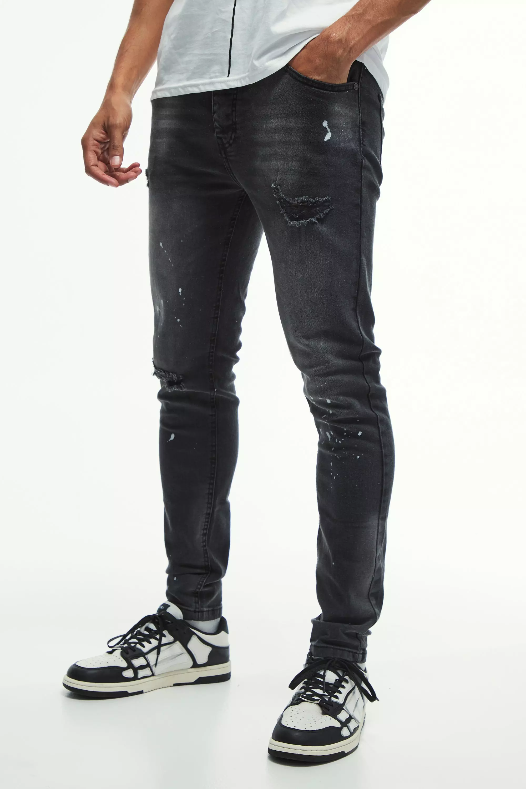 Skinny Stretch Knee Rip Paint Splatter Jeans | boohooMAN USA