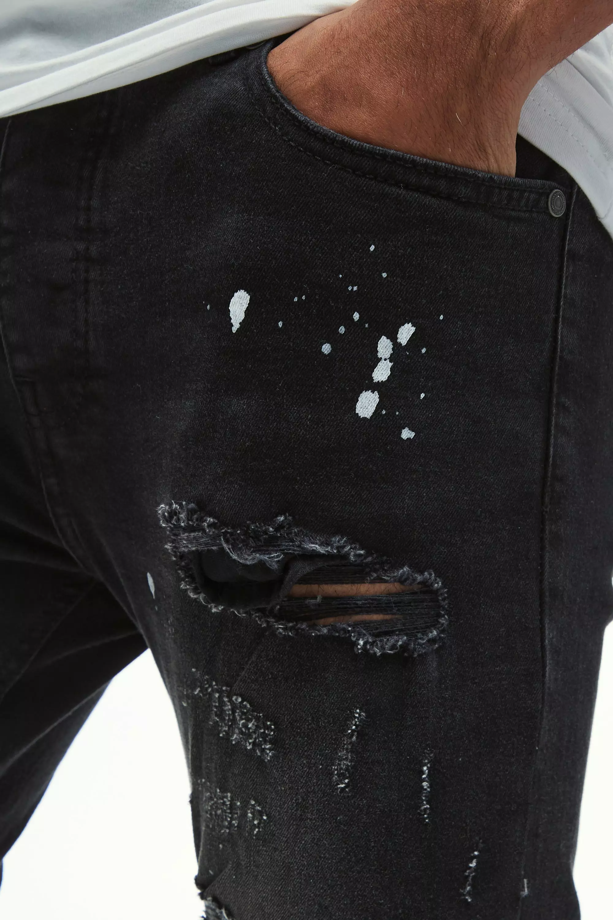 Skinny Stretch All Over Rip & Repair Paint Splatter Jeans | boohooMAN USA