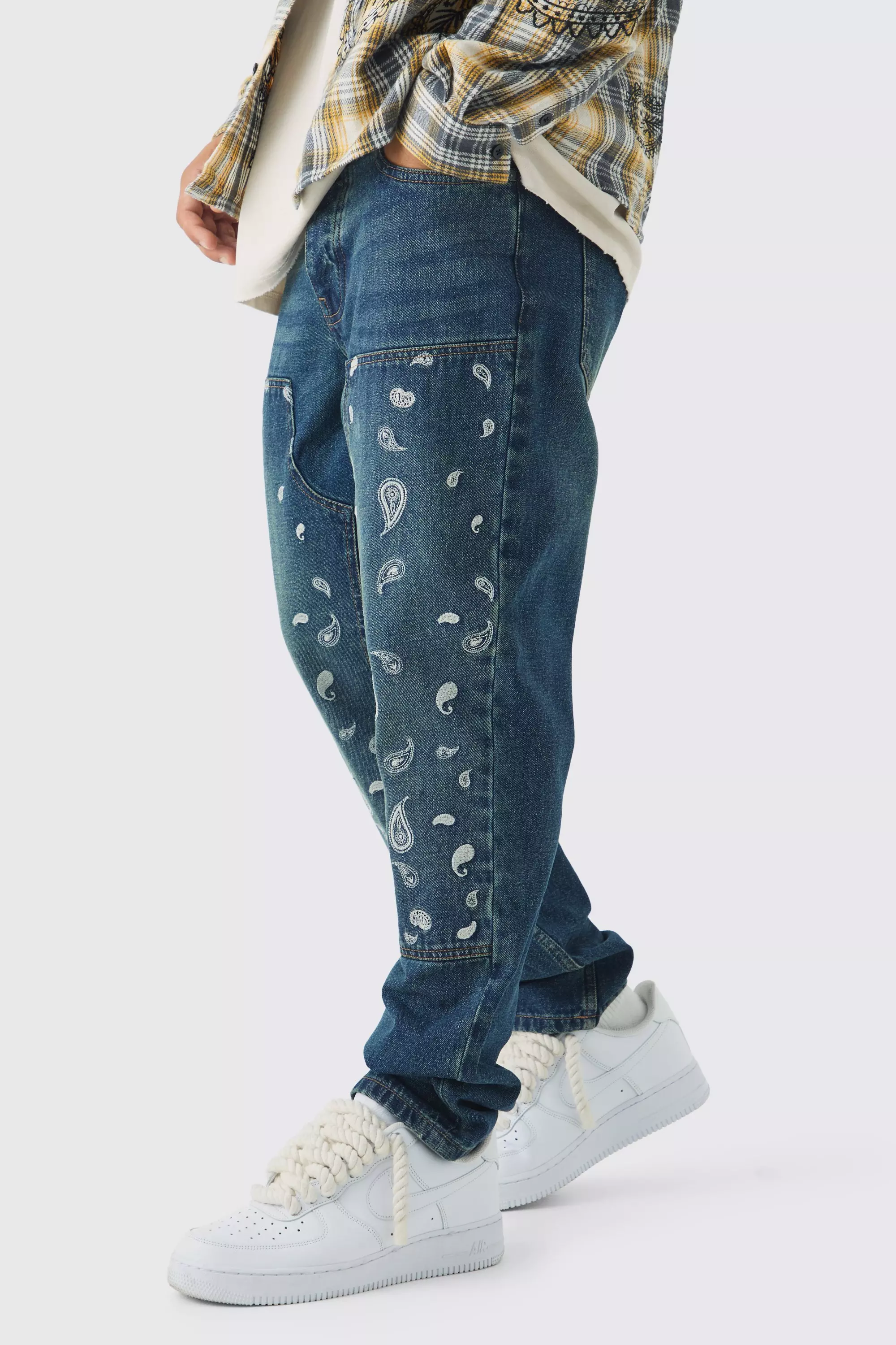 Straight Leg Antique Carpenter Paisley Embroidered Jeans Antique blue