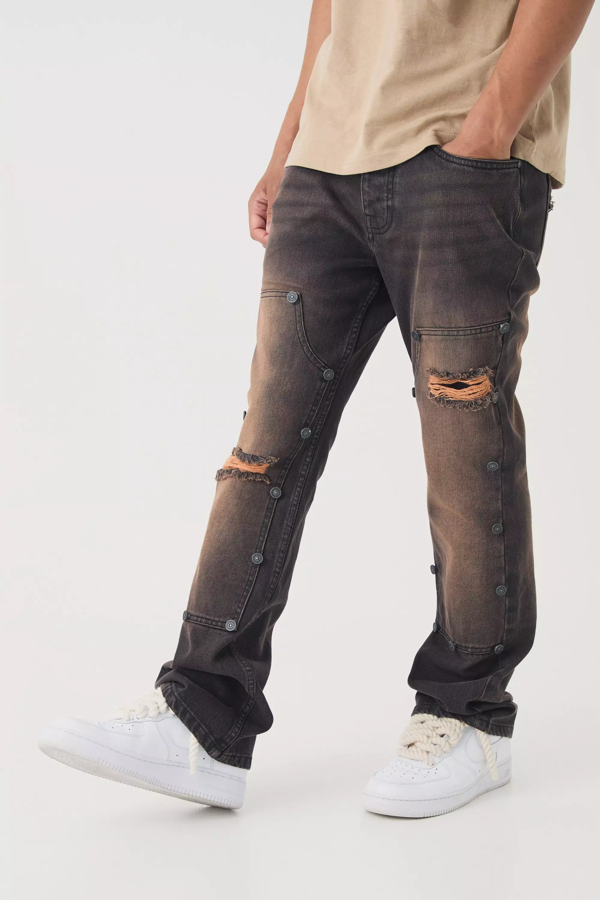 Slim Rigid Flare Vintage Wash Carpenter Ripped Jeans Brown