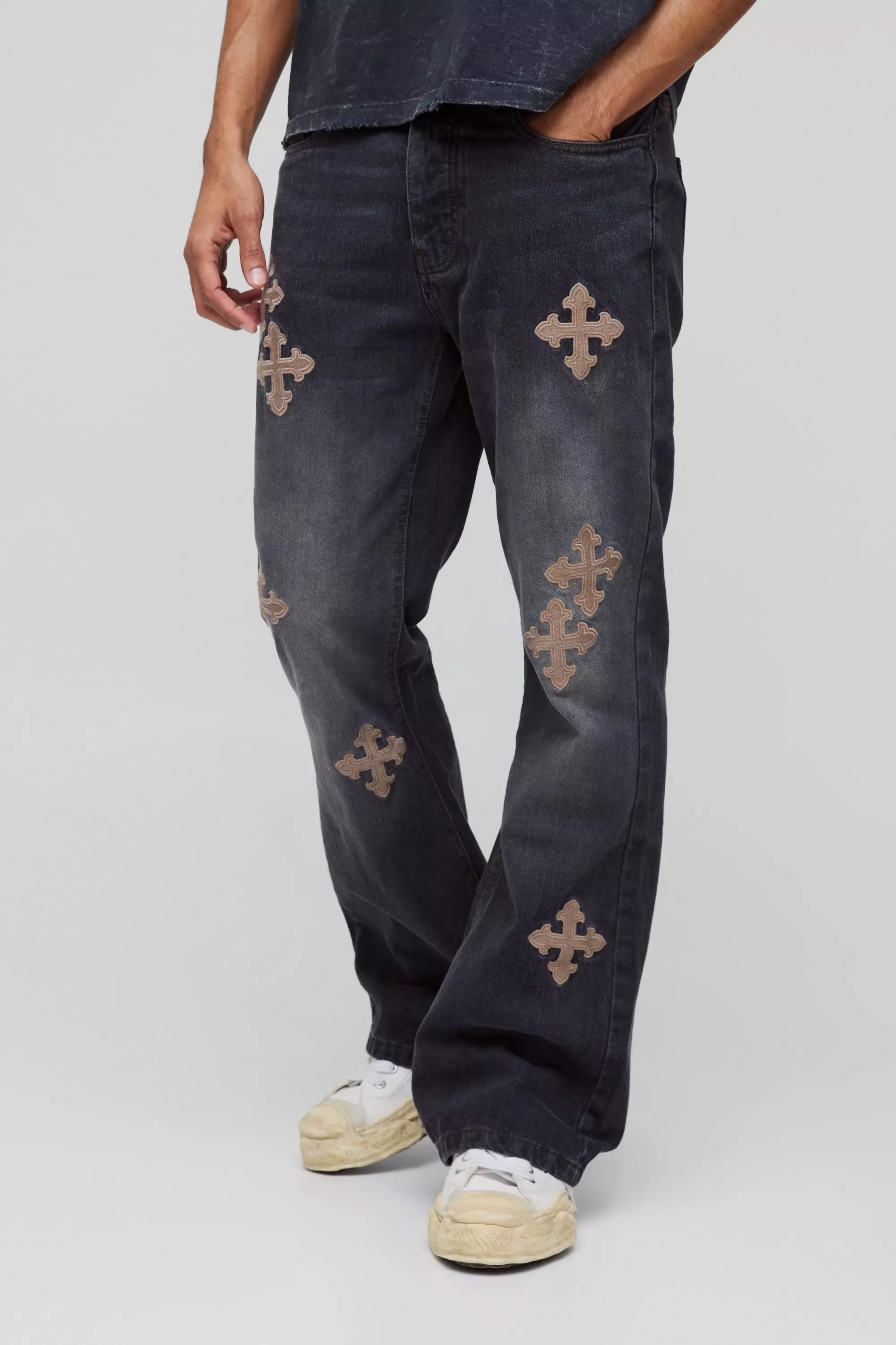 Slim Rigid Flare Cross Embroidered Jeans | boohooMAN USA