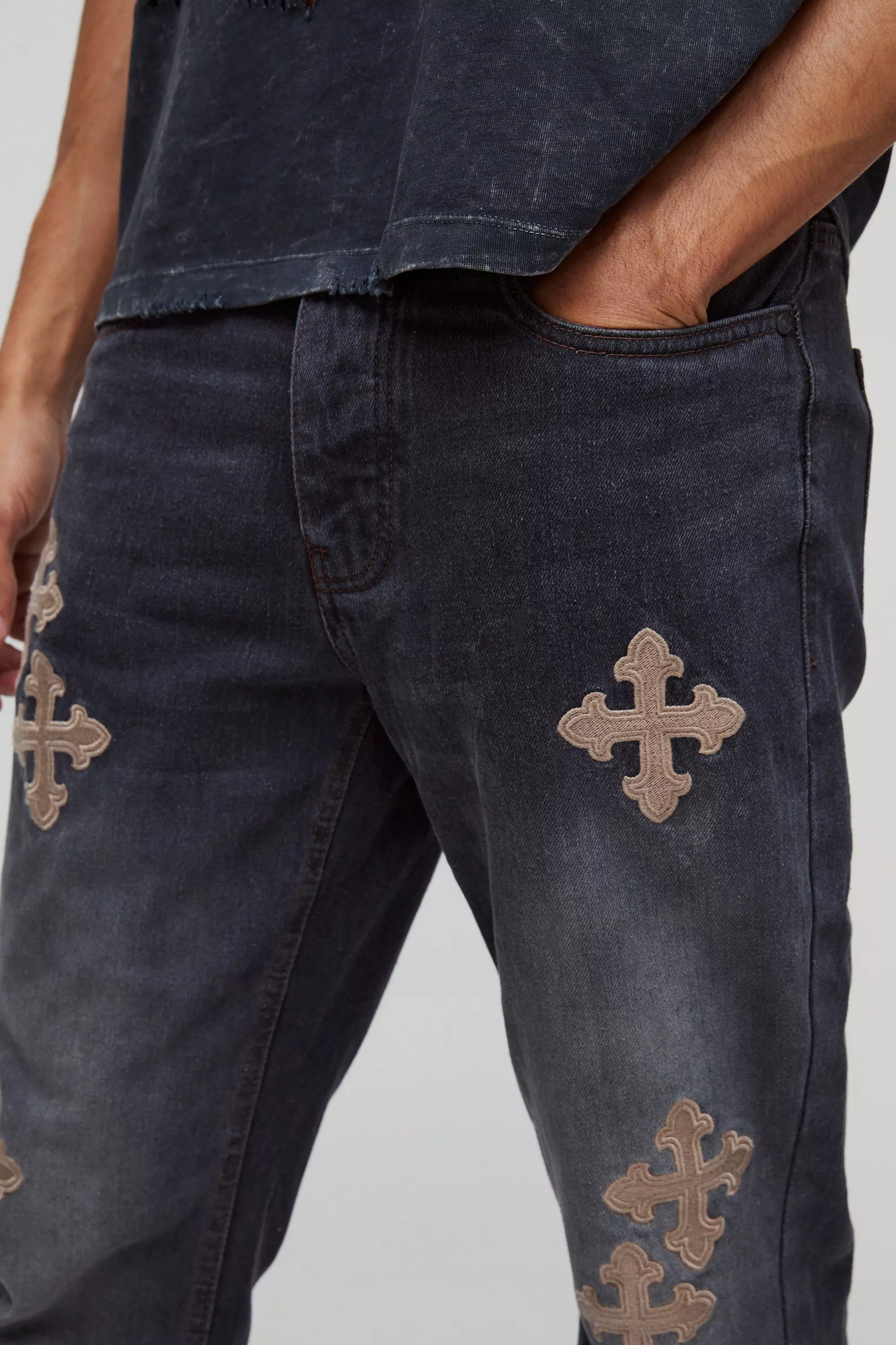 Slim Rigid Flare Cross Embroidered Jeans | boohooMAN USA