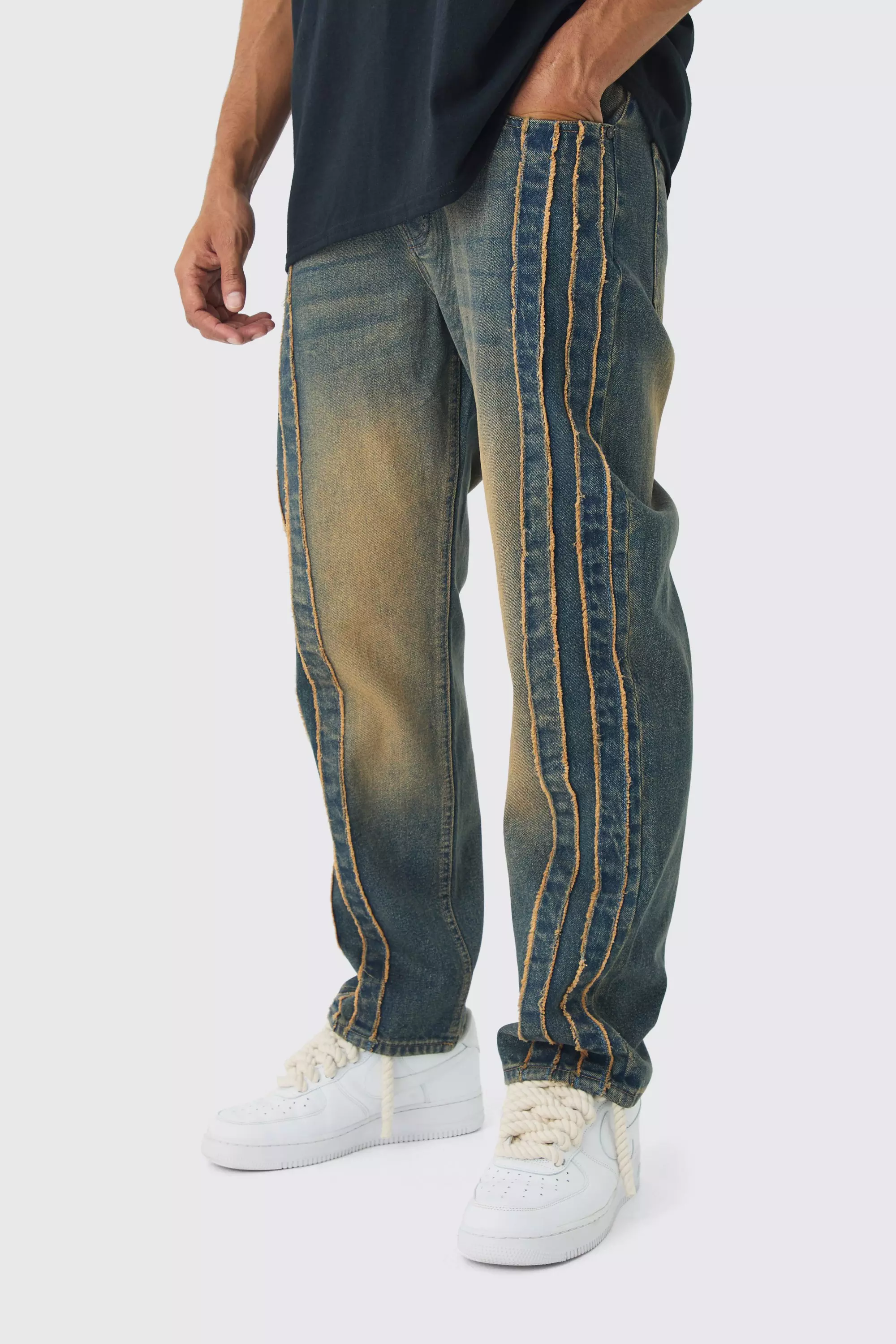 Relaxed Rigid Vintage Wash Distressed Side Panel Jeans Vintage blue