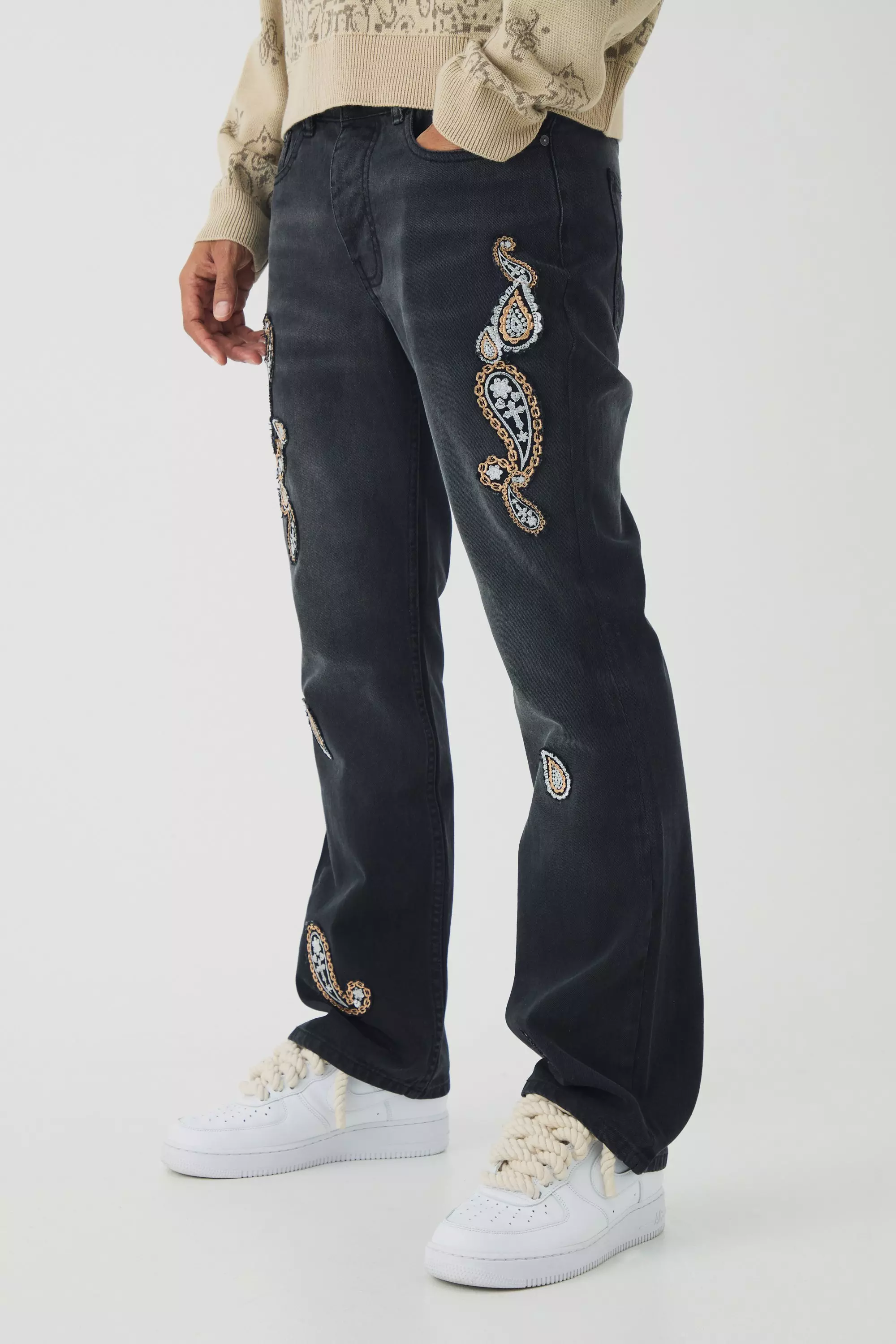 Black Slim Rigid Flare Washed Paisley Applique Jeans