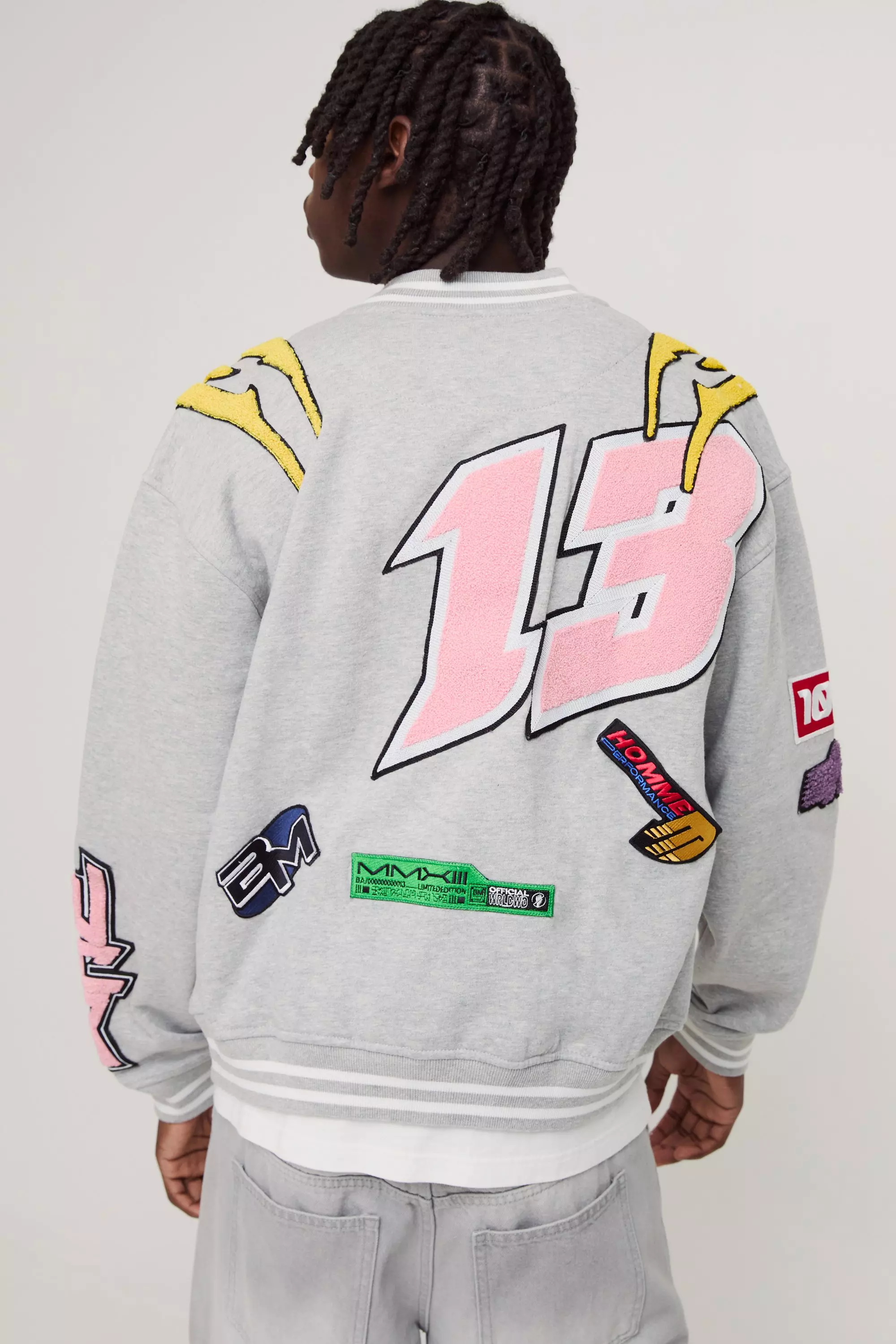 Grey marl Oversized Boxy Varsity Applique Bomber Jacket alternative image