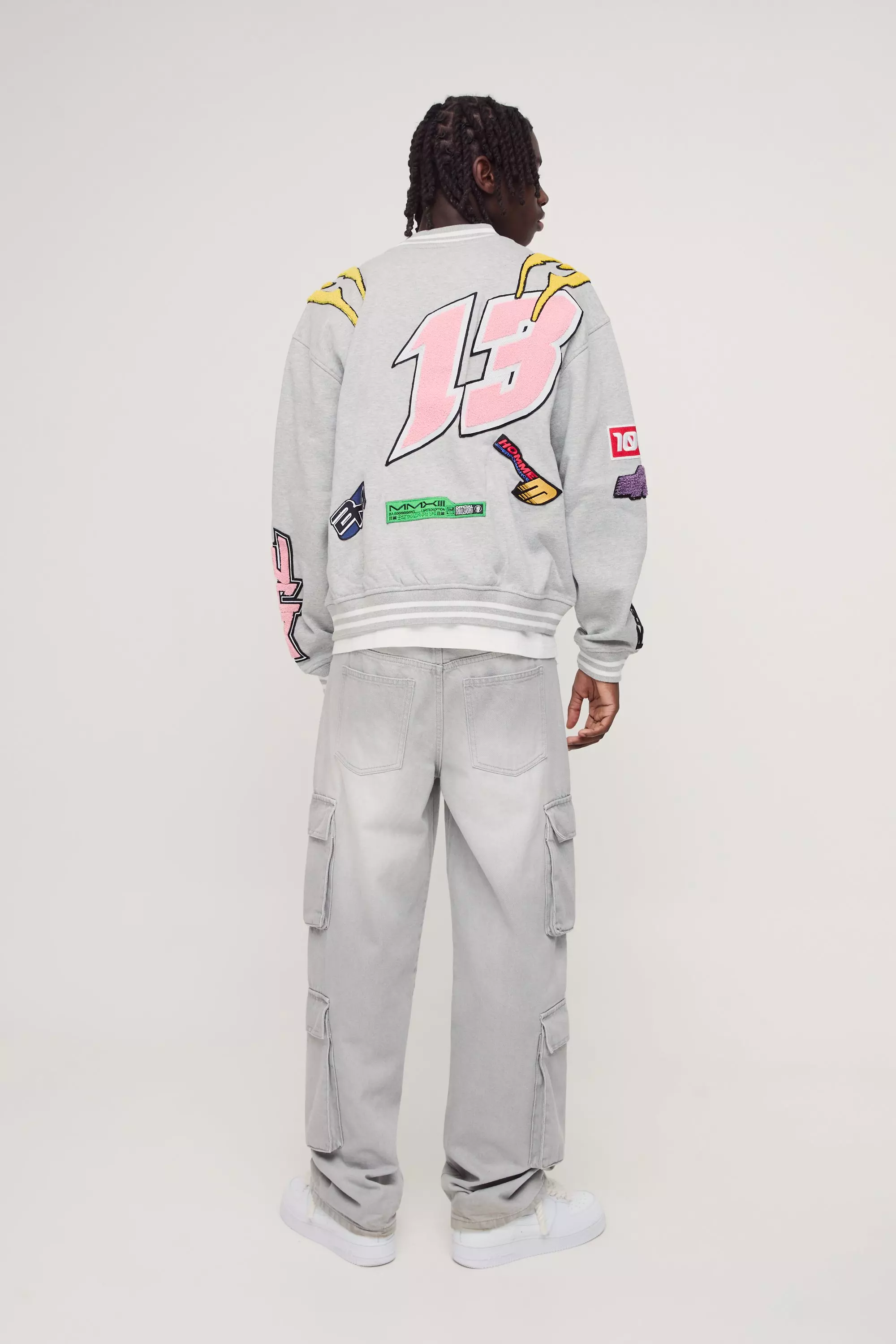 Grey marl Oversized Boxy Varsity Applique Bomber Jacket alternative image