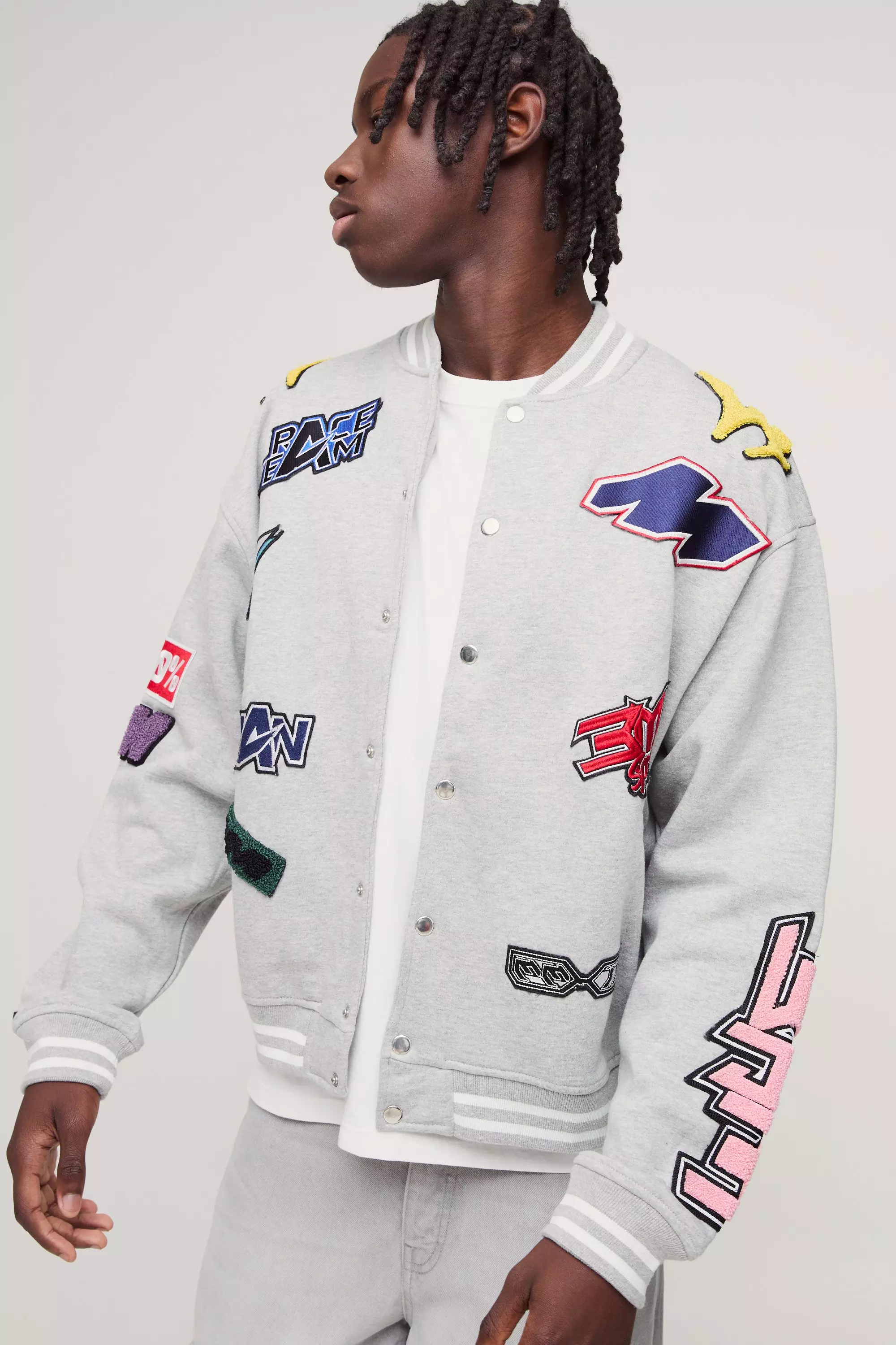 Grey marl Oversized Boxy Varsity Applique Bomber Jacket alternative image
