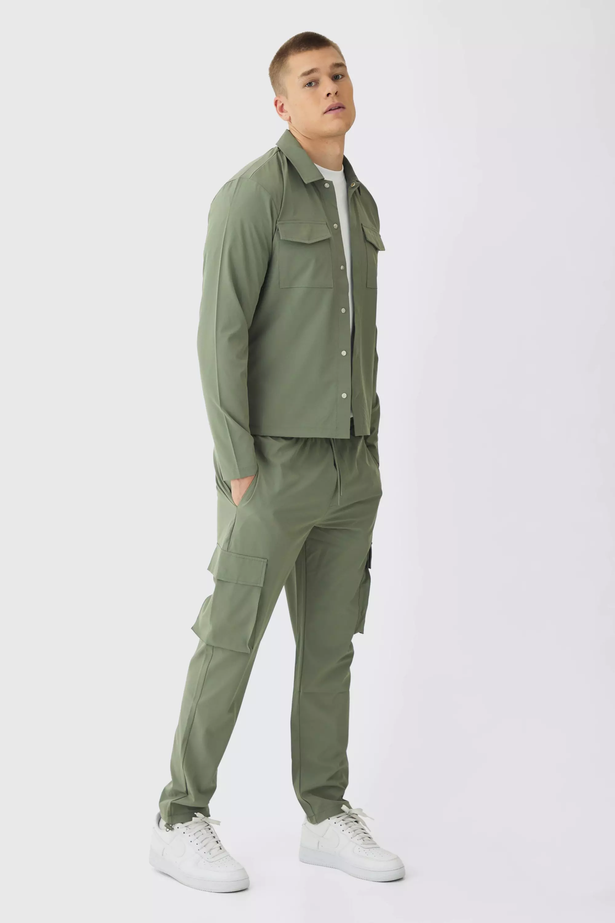 Khaki Technical Stretch Cargo Shirt & Pants Set