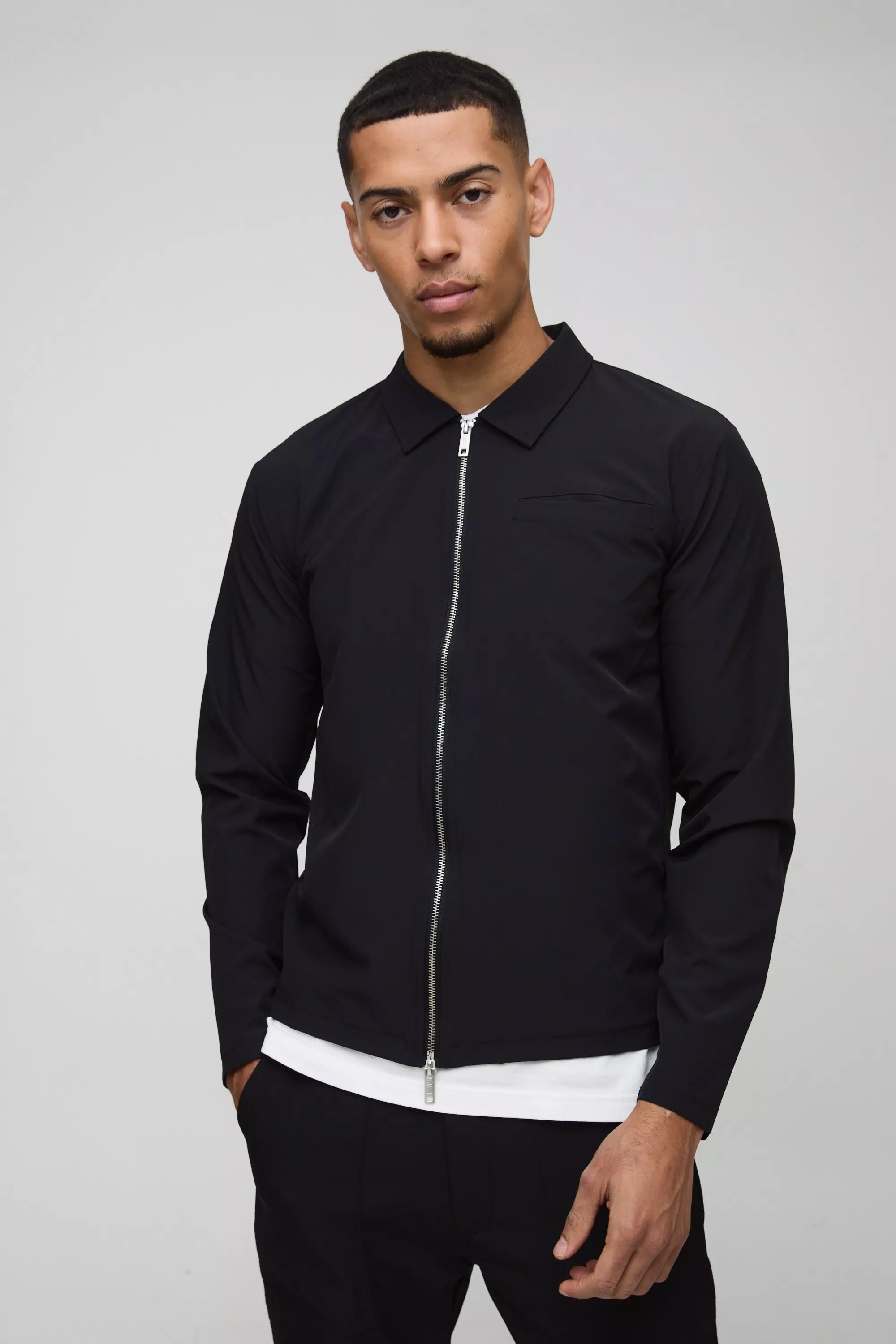 Black Technical Stretch Zip Through Long Sleeve Shirt