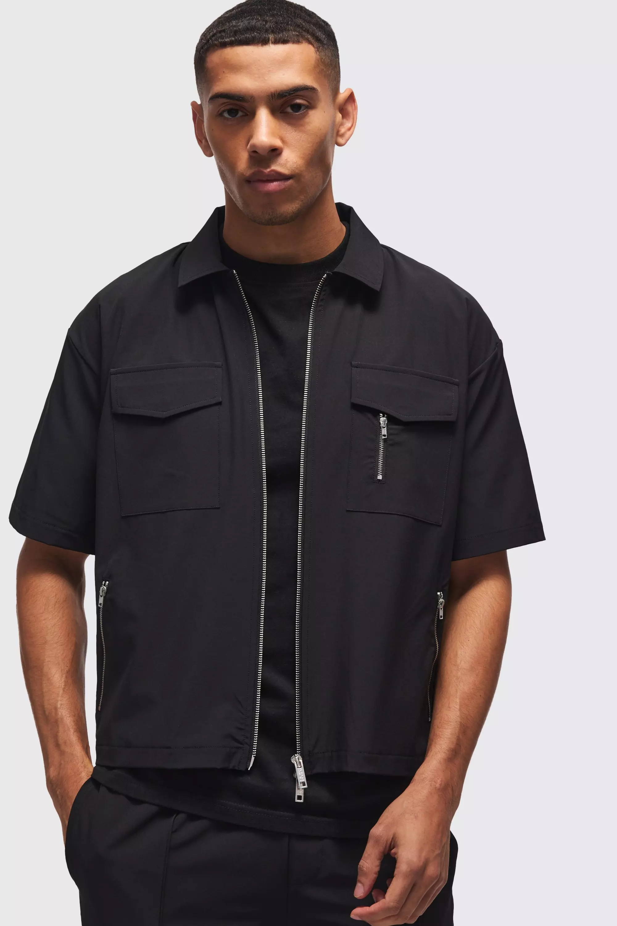 Black Technical Stretch Oversized Boxy Zip Through Pocket Detail Shirt