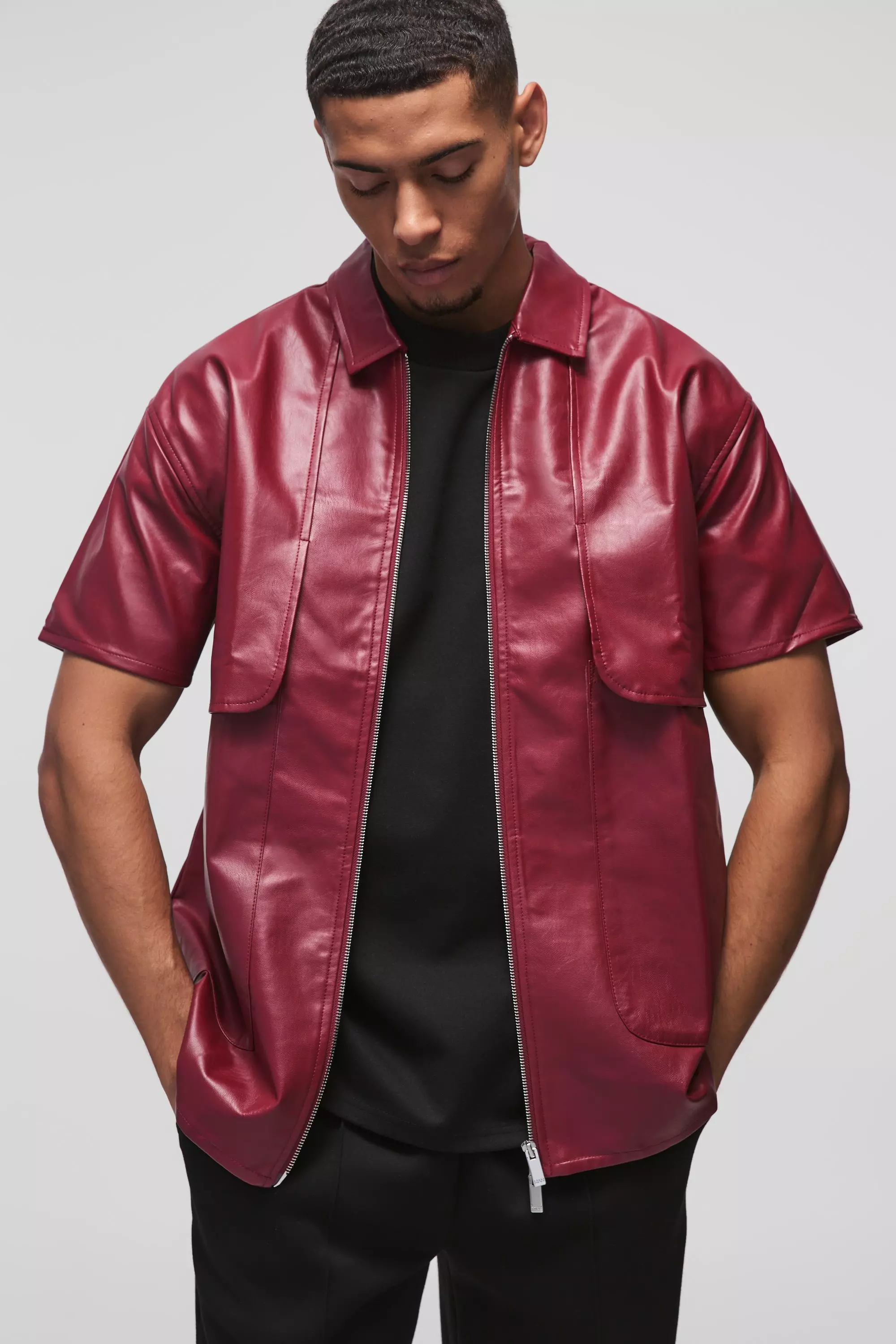 Cherry Oversized PU Overhemd Met Panelen alternatieve afbeelding