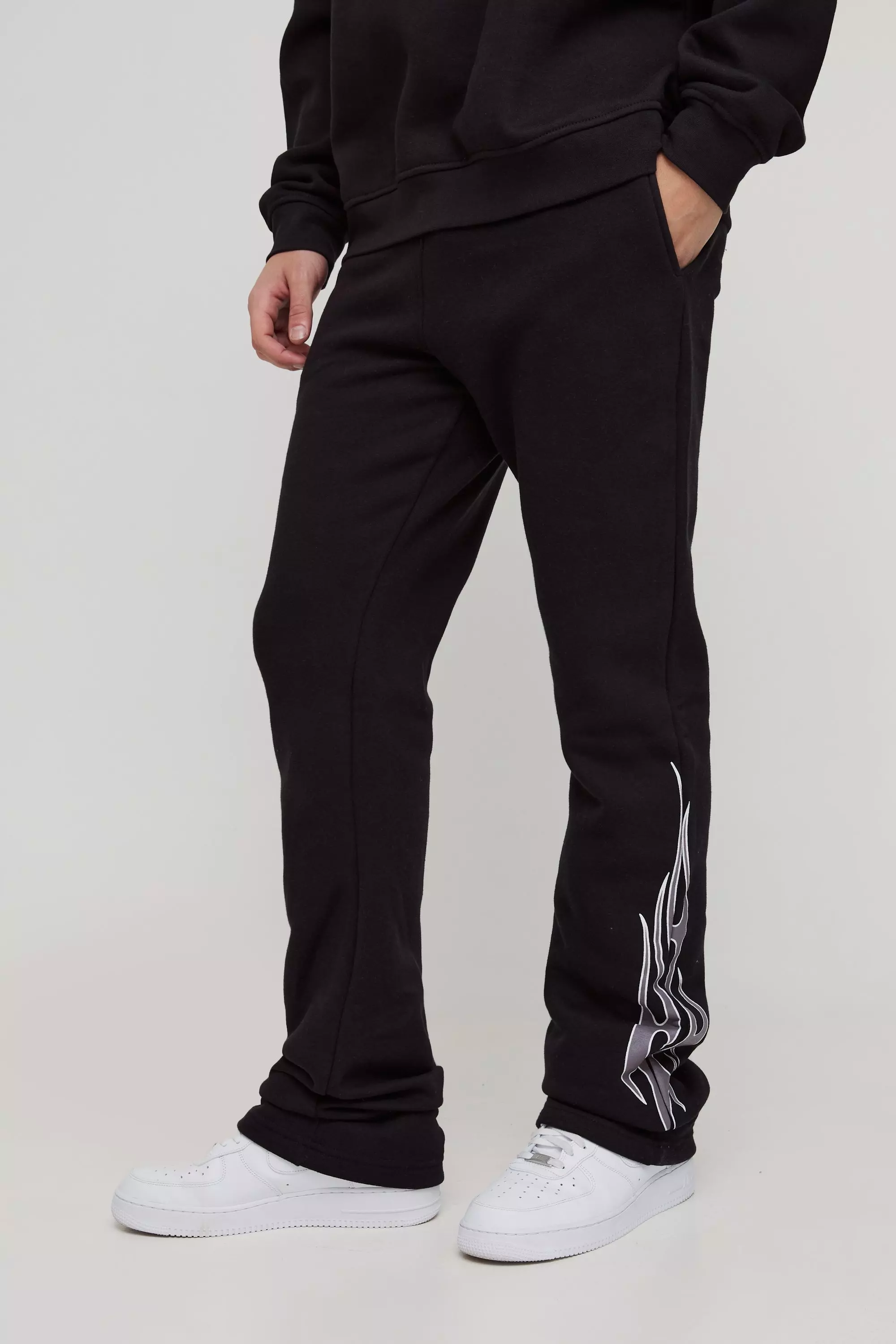 Slim Flared Stack Flame Jogger Black