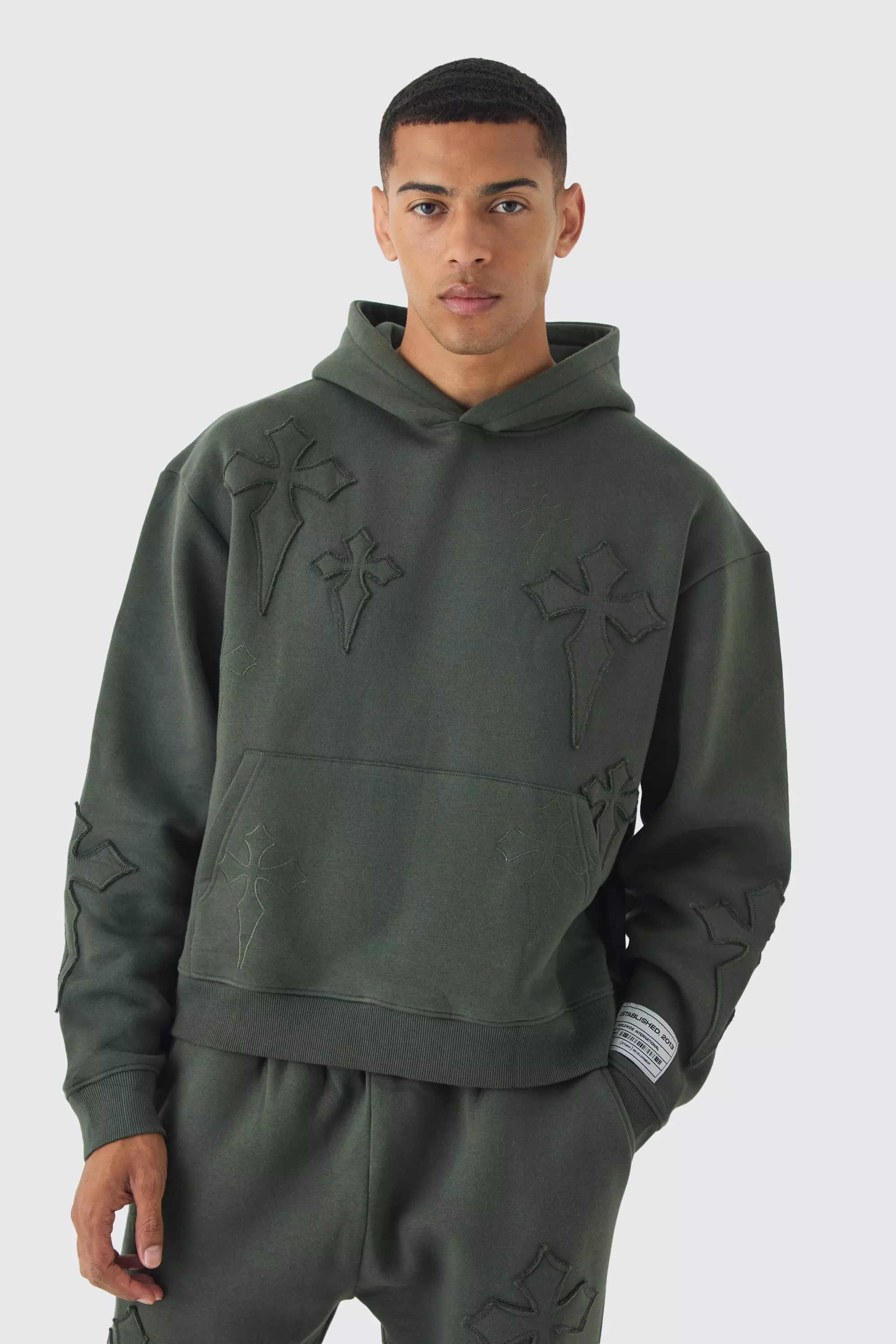 Khaki Oversized Boxy Cross Applique Hoodie