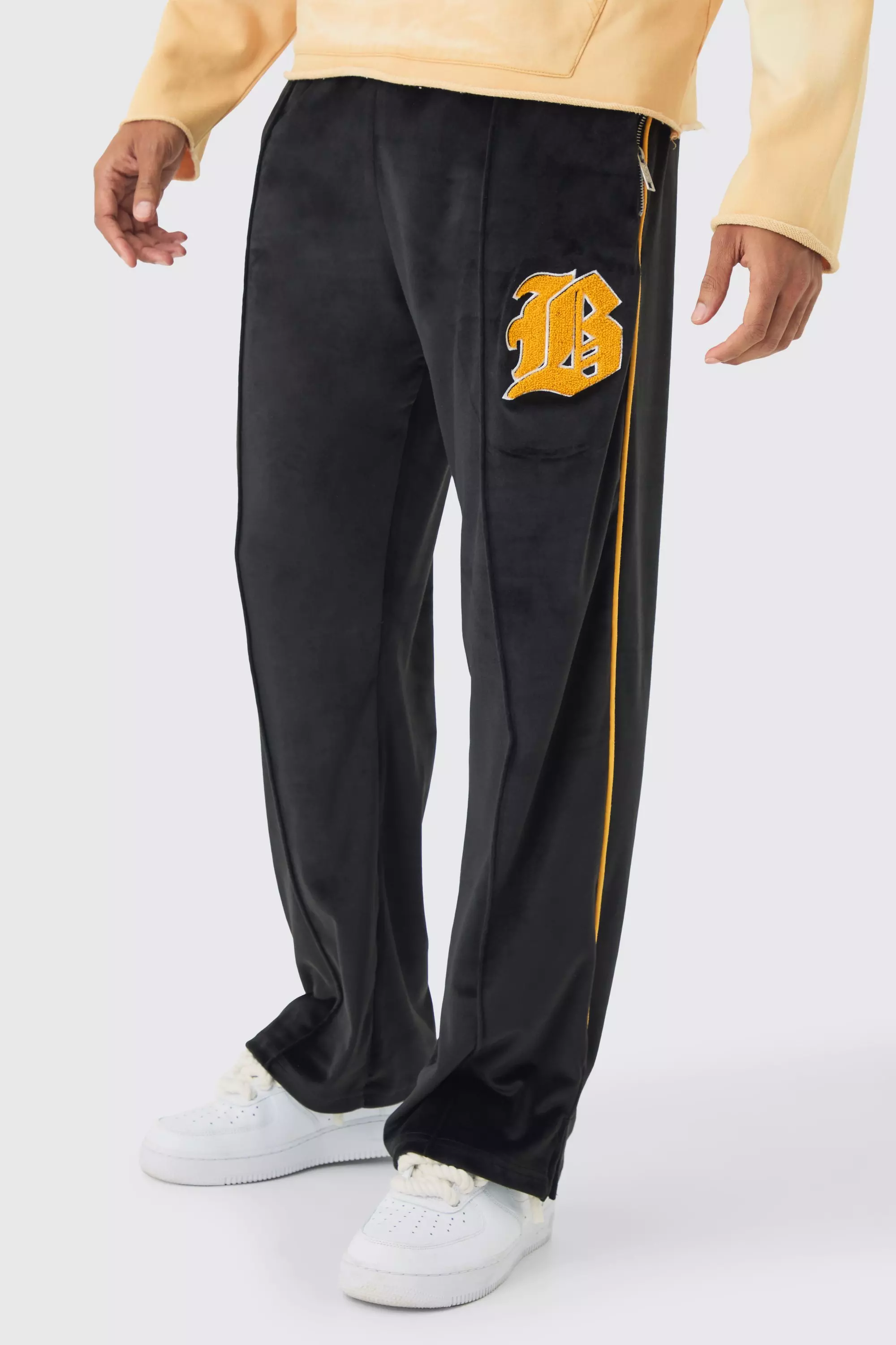 Straight Leg Varsity Velour Sweatpants Black