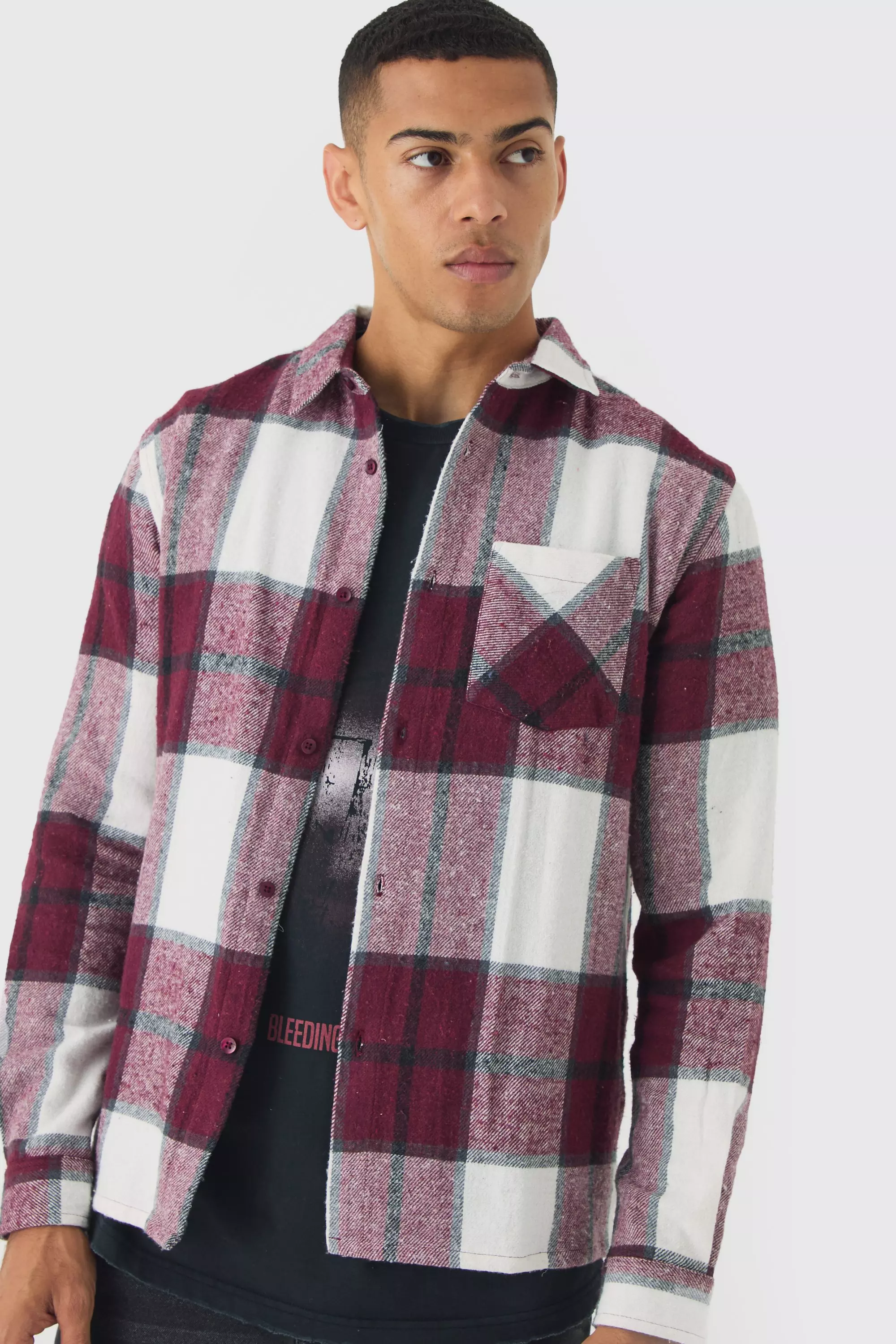 Burgundy Red Regular Fit Flannel Plaid Long Sleeve Shirt