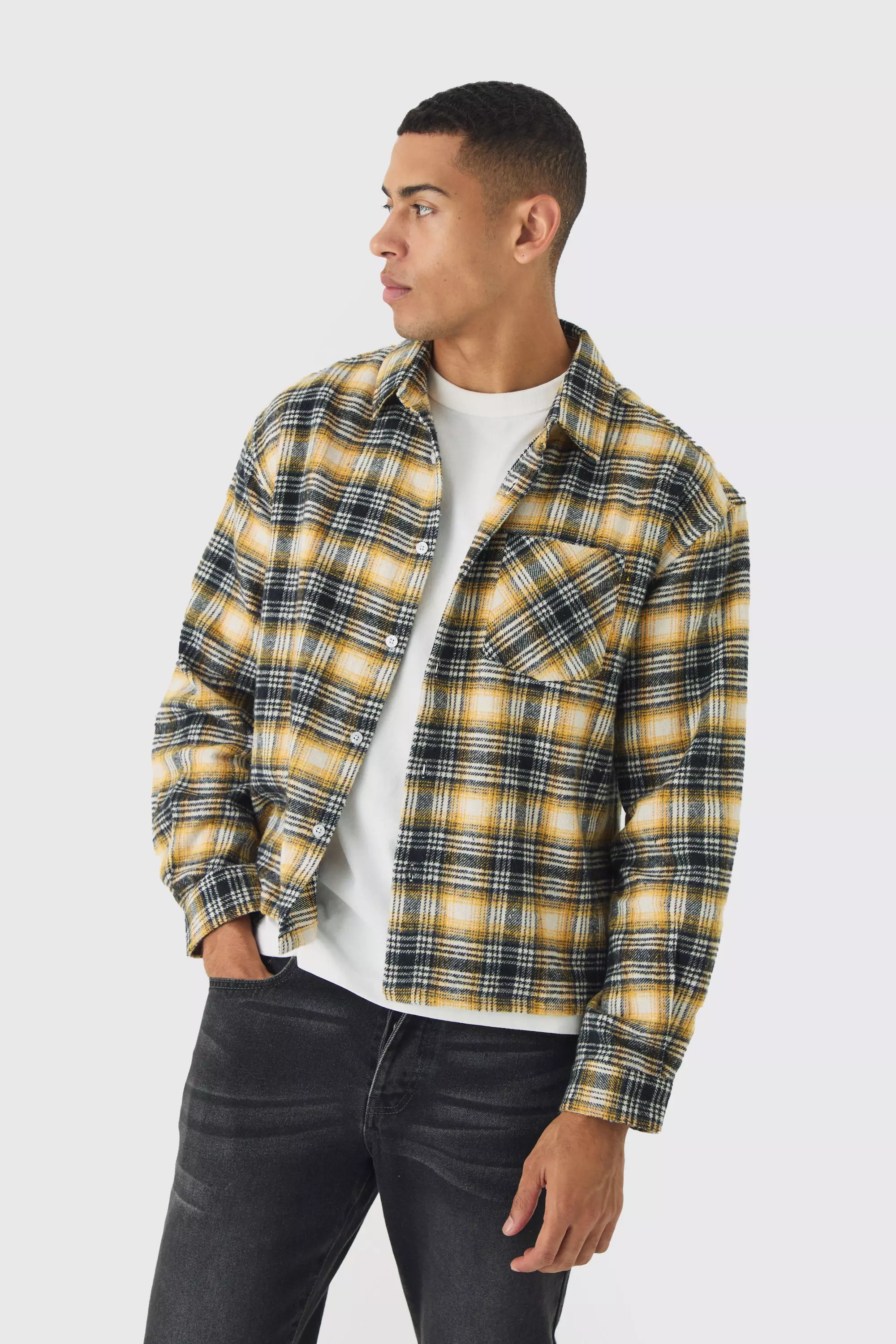 Yellow Oversized Boxy Flannel Plaid Long Sleeve Shirt