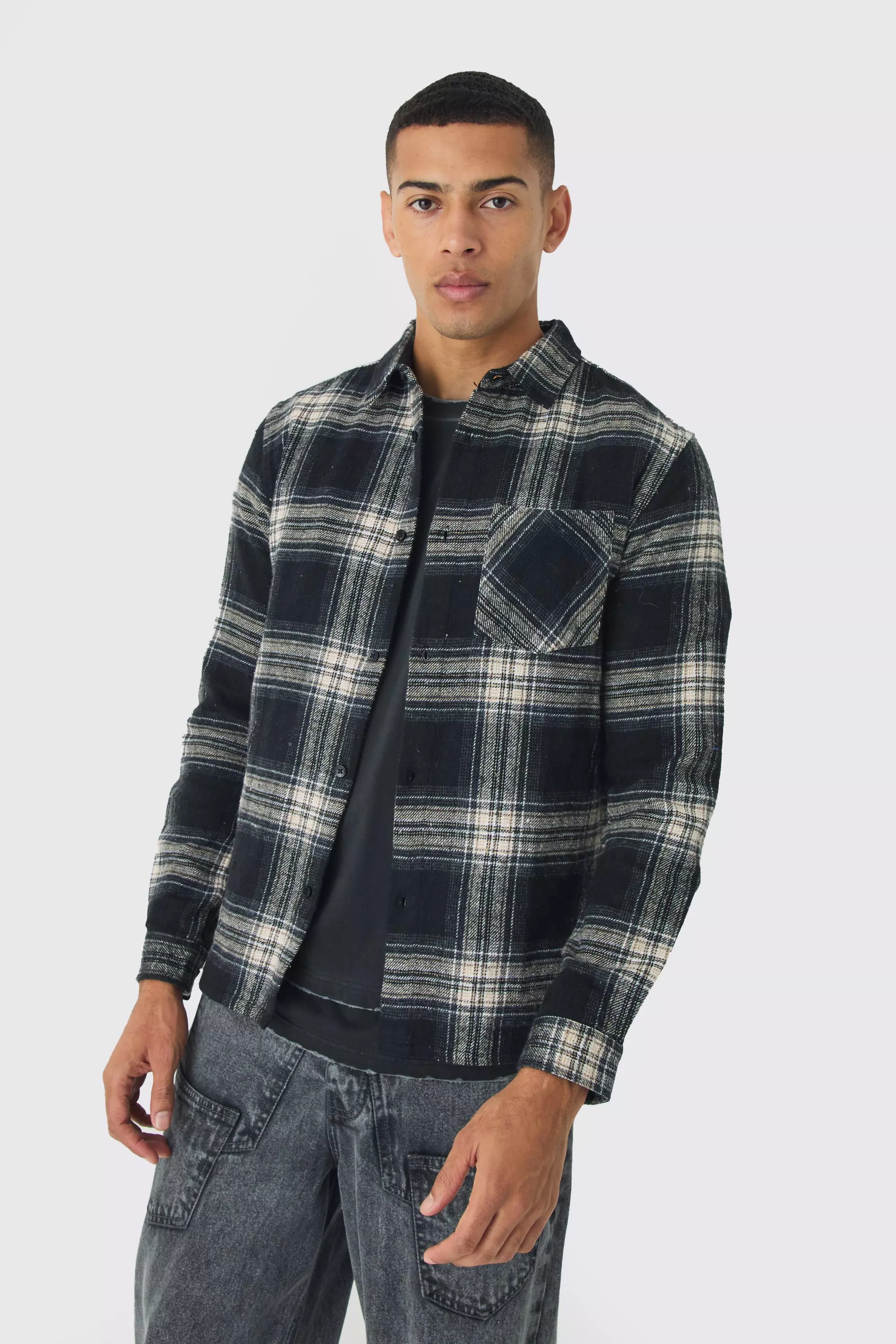 Stone Oversized Flannel Check Long Sleeve Shirt alternative image