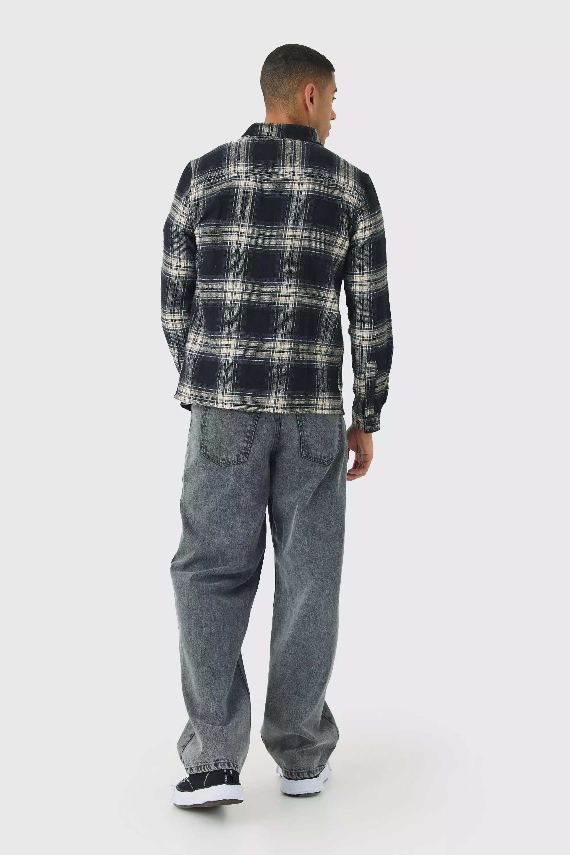 Stone Oversized Flannel Check Long Sleeve Shirt alternative image
