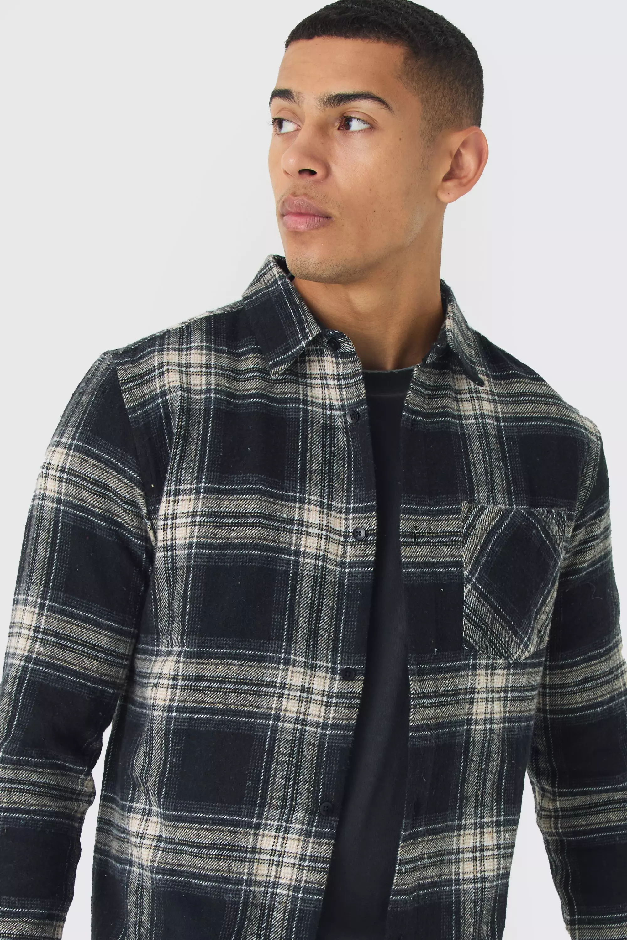 Stone Oversized Flannel Check Long Sleeve Shirt alternative image