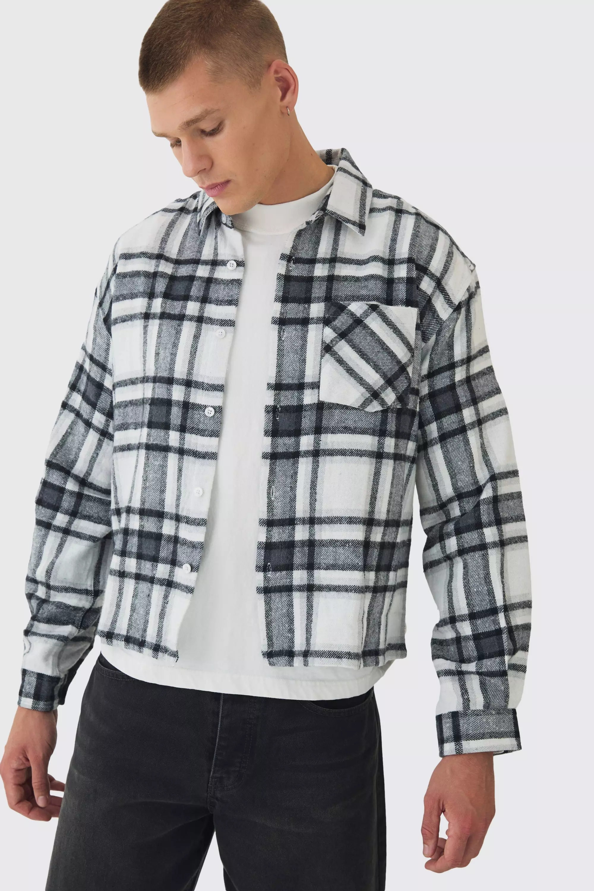 Oversized Boxy Plaid Long Sleeve Shirt Light grey