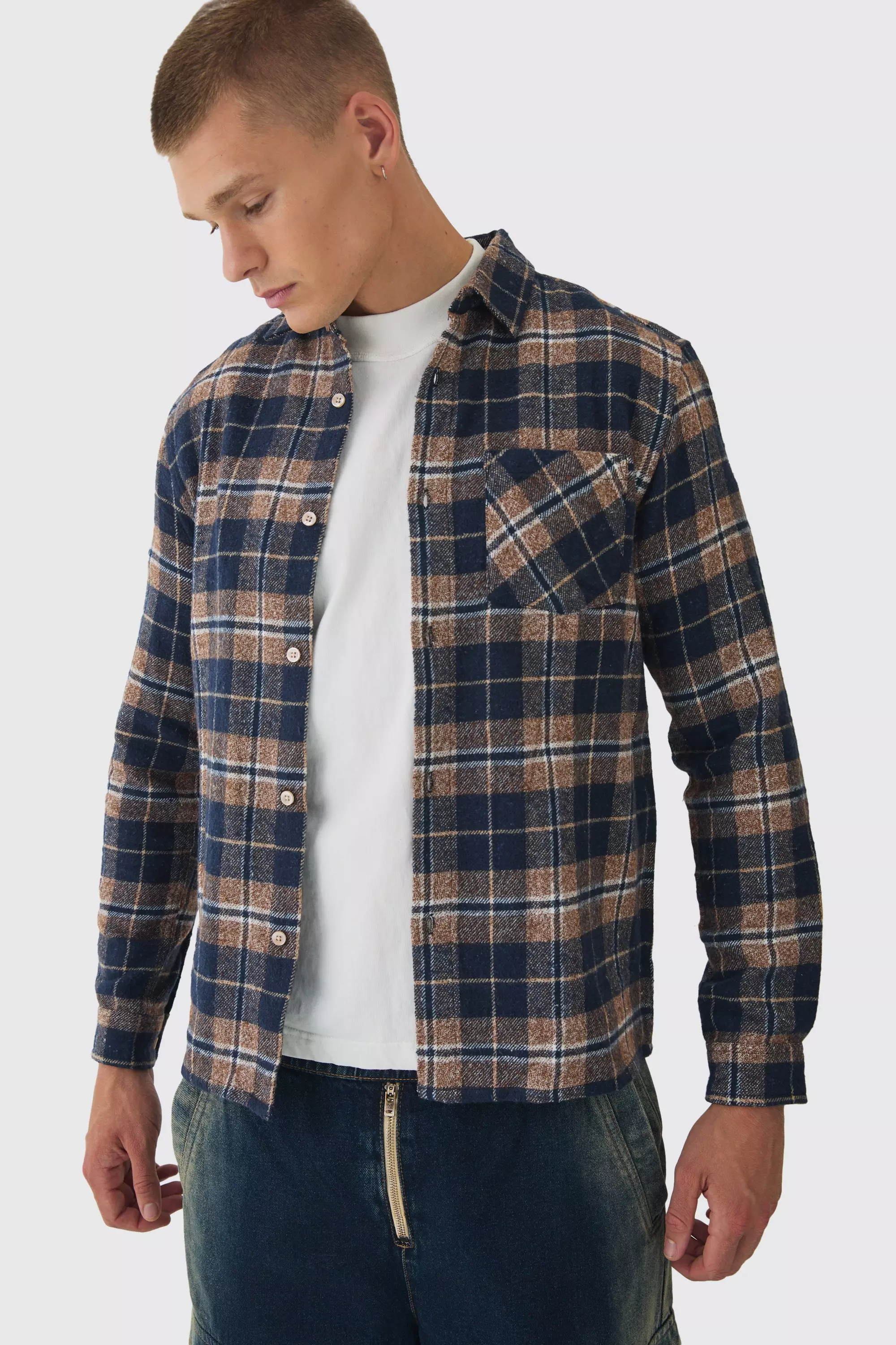 Chocolate Brown Regular Plaid Long Sleeve Shirt