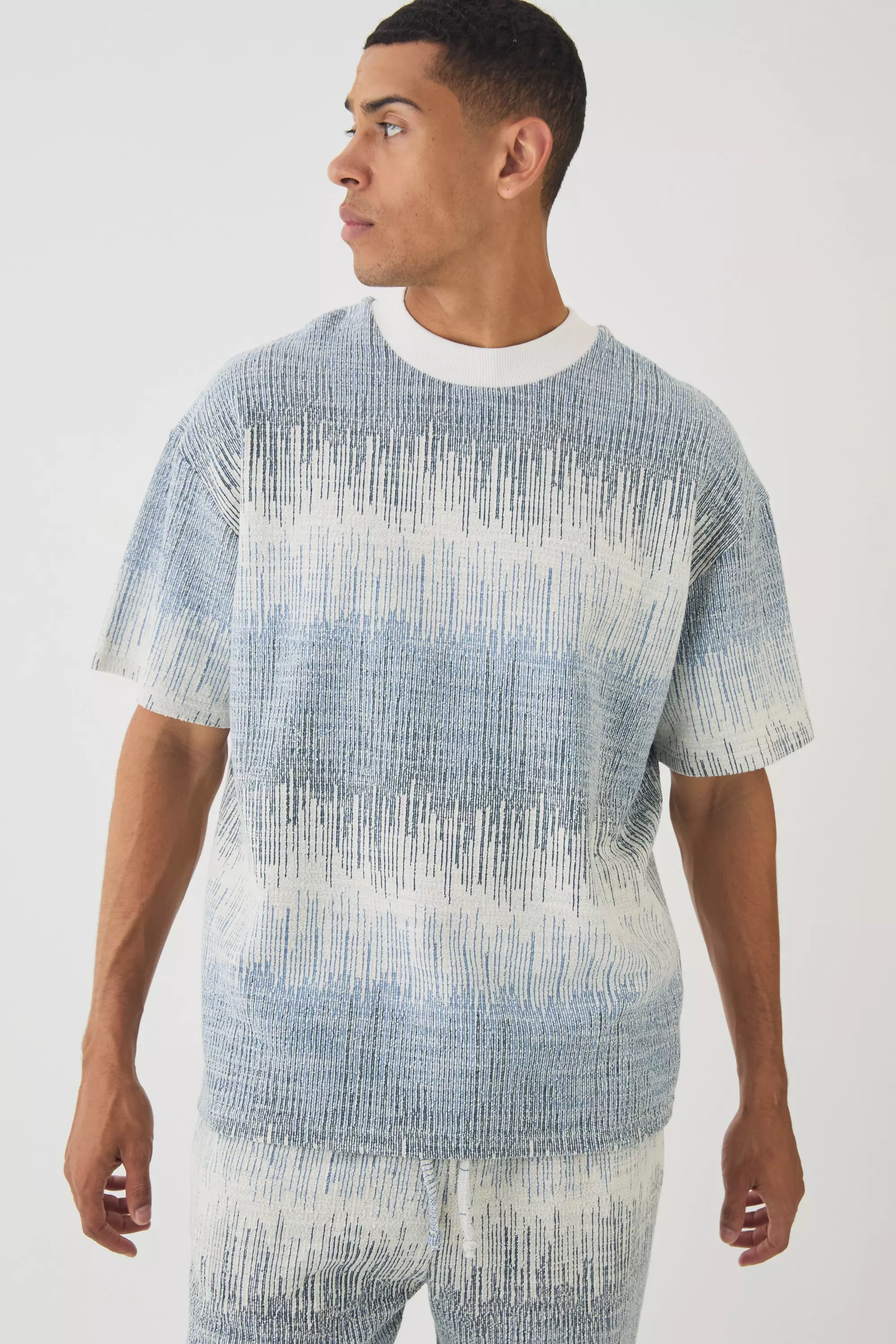 Blue Oversized Extended Neck Jacquard T-shirt