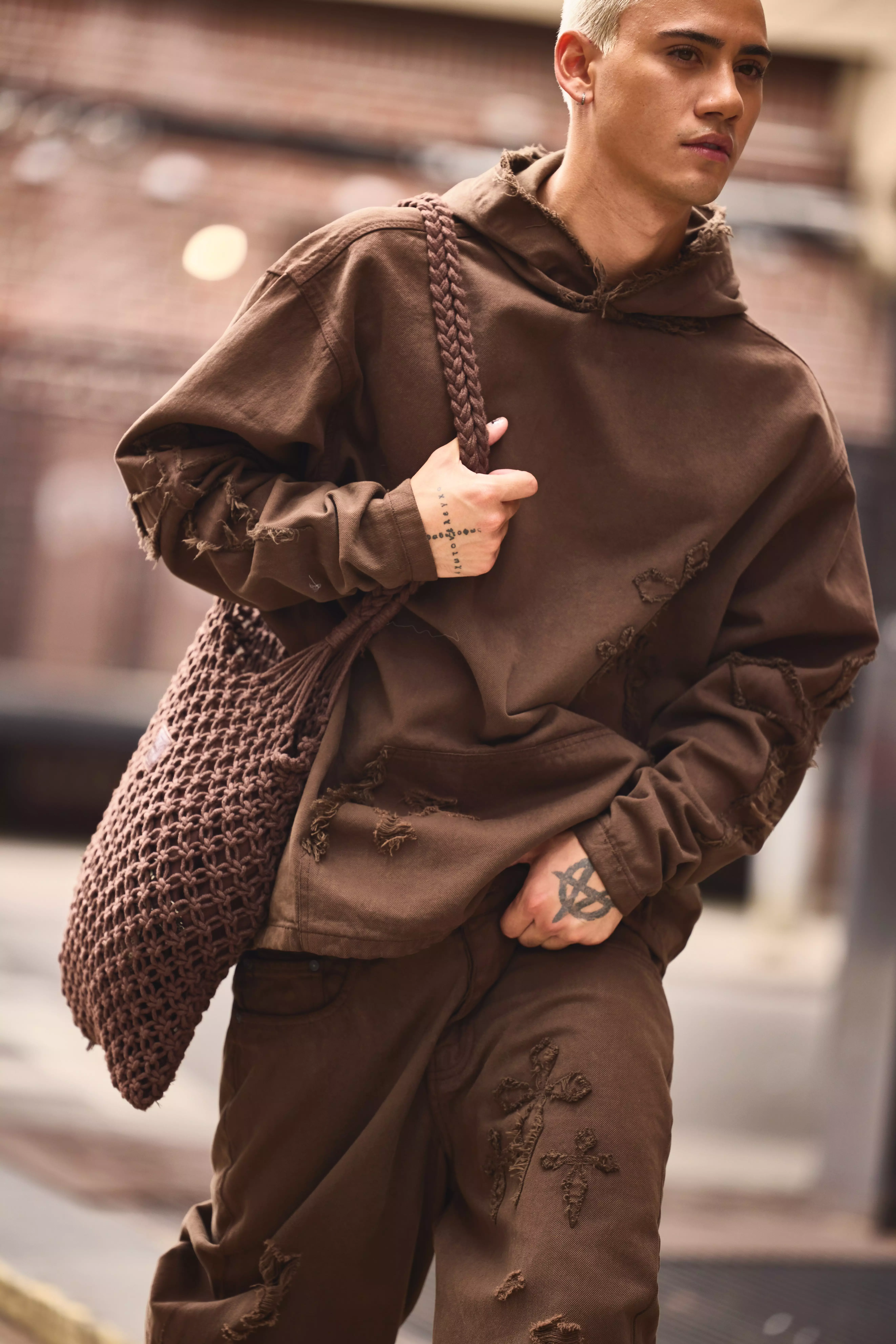 Brown Oversized Denim Applique Cross Dirty Wash Hoodie alternative image