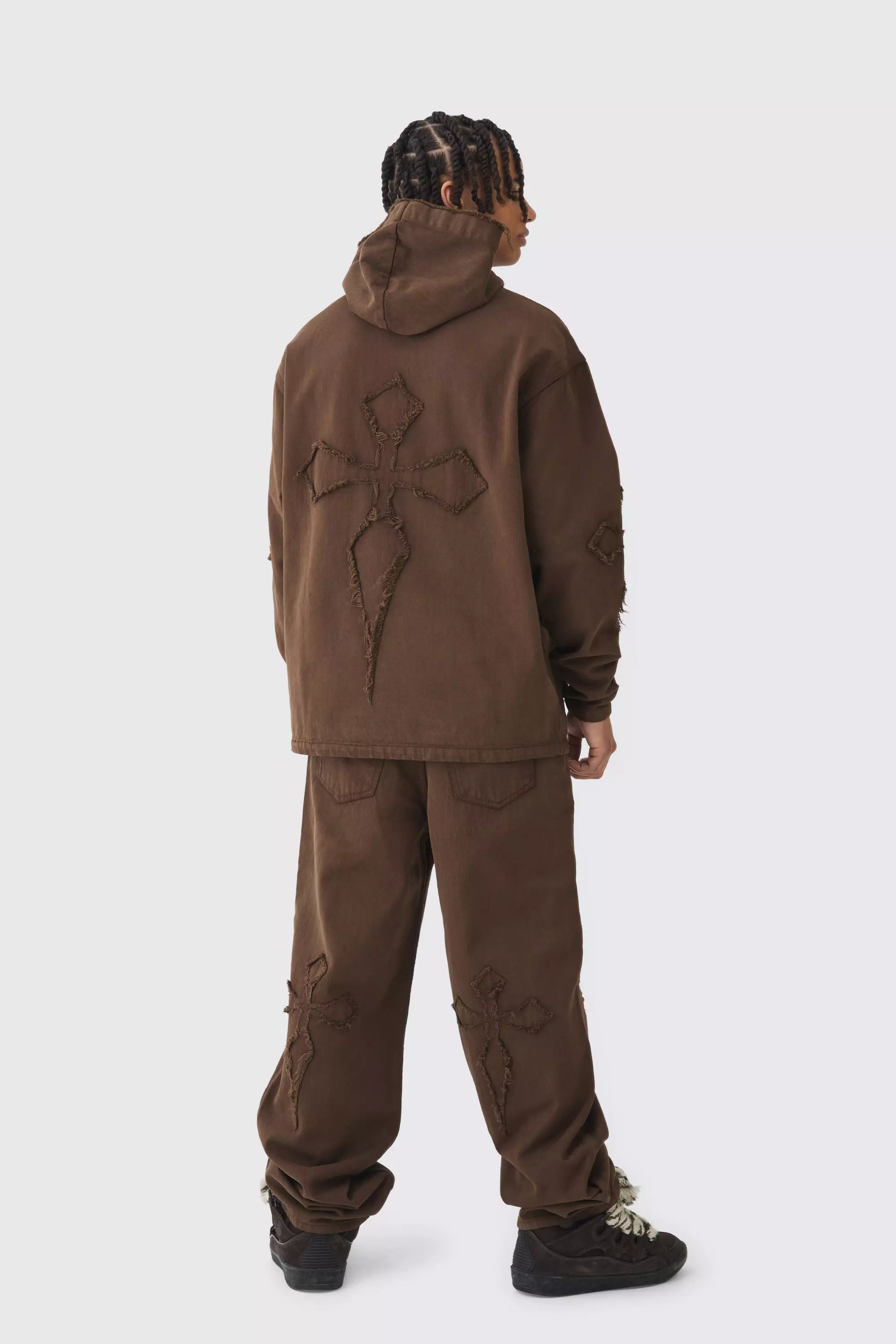 Brown Oversized Denim Applique Cross Dirty Wash Hoodie alternative image