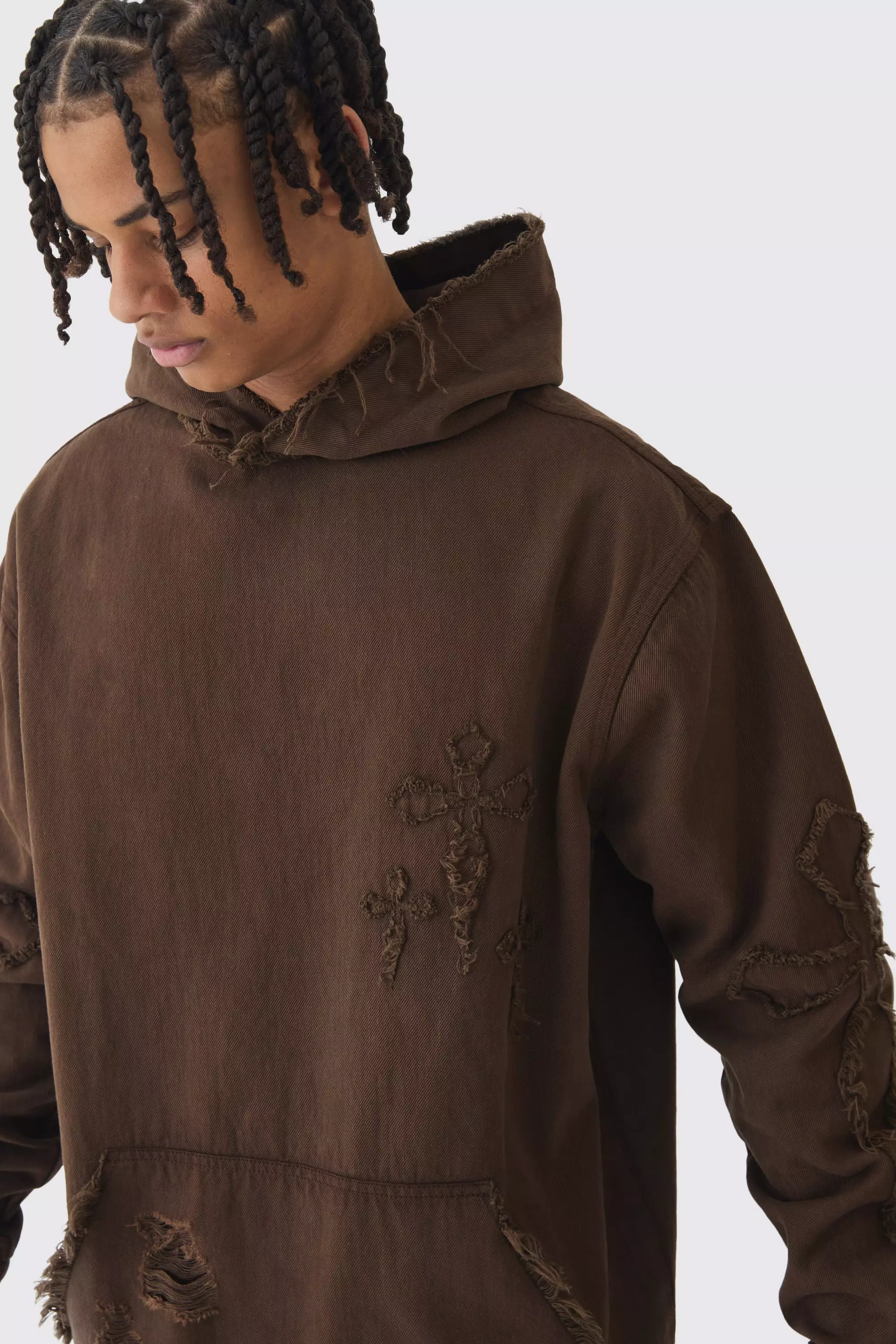 Brown Oversized Denim Applique Cross Dirty Wash Hoodie alternative image