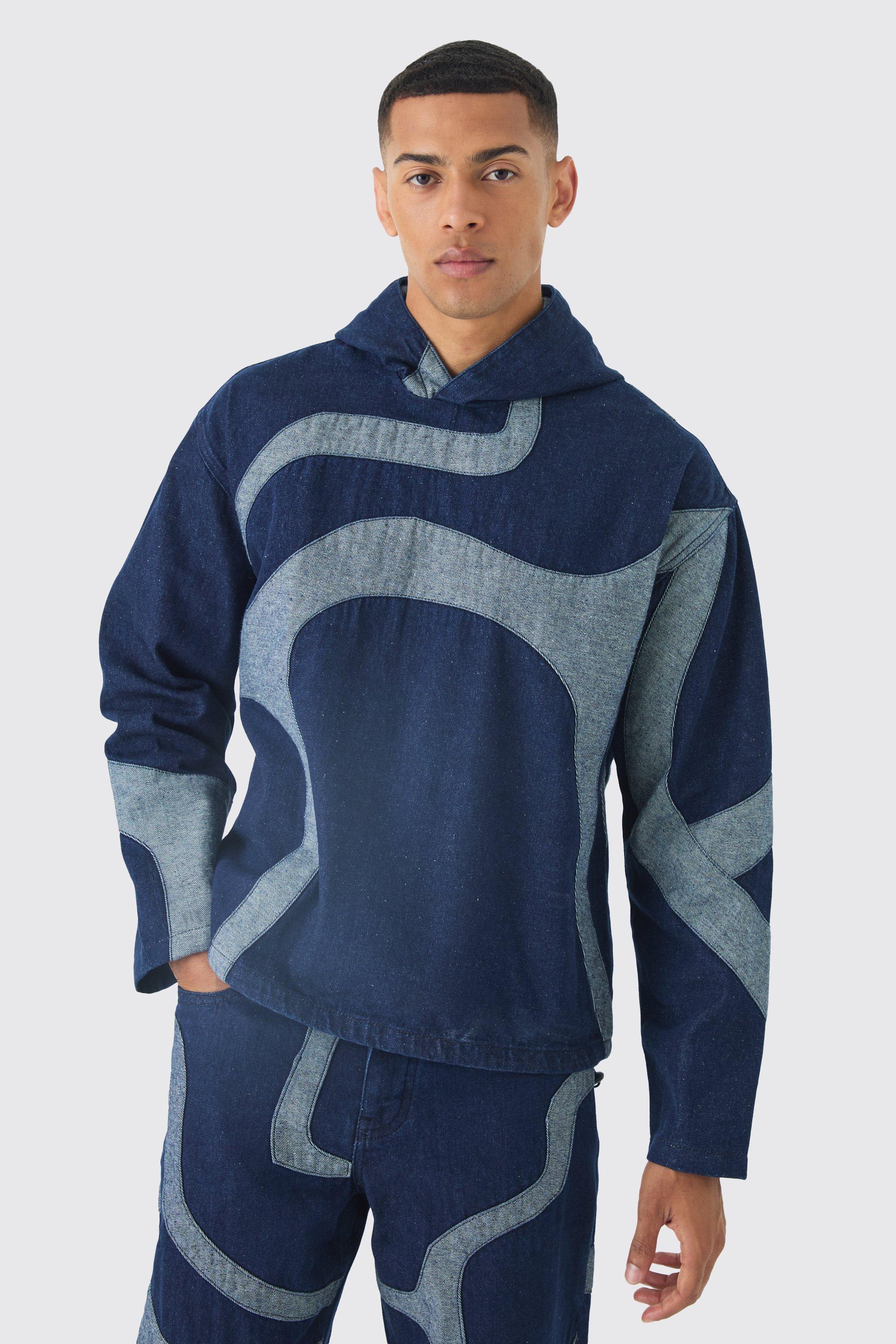 Kastiger Hoodie mit Denim Patchwork-Applikation, Indigo